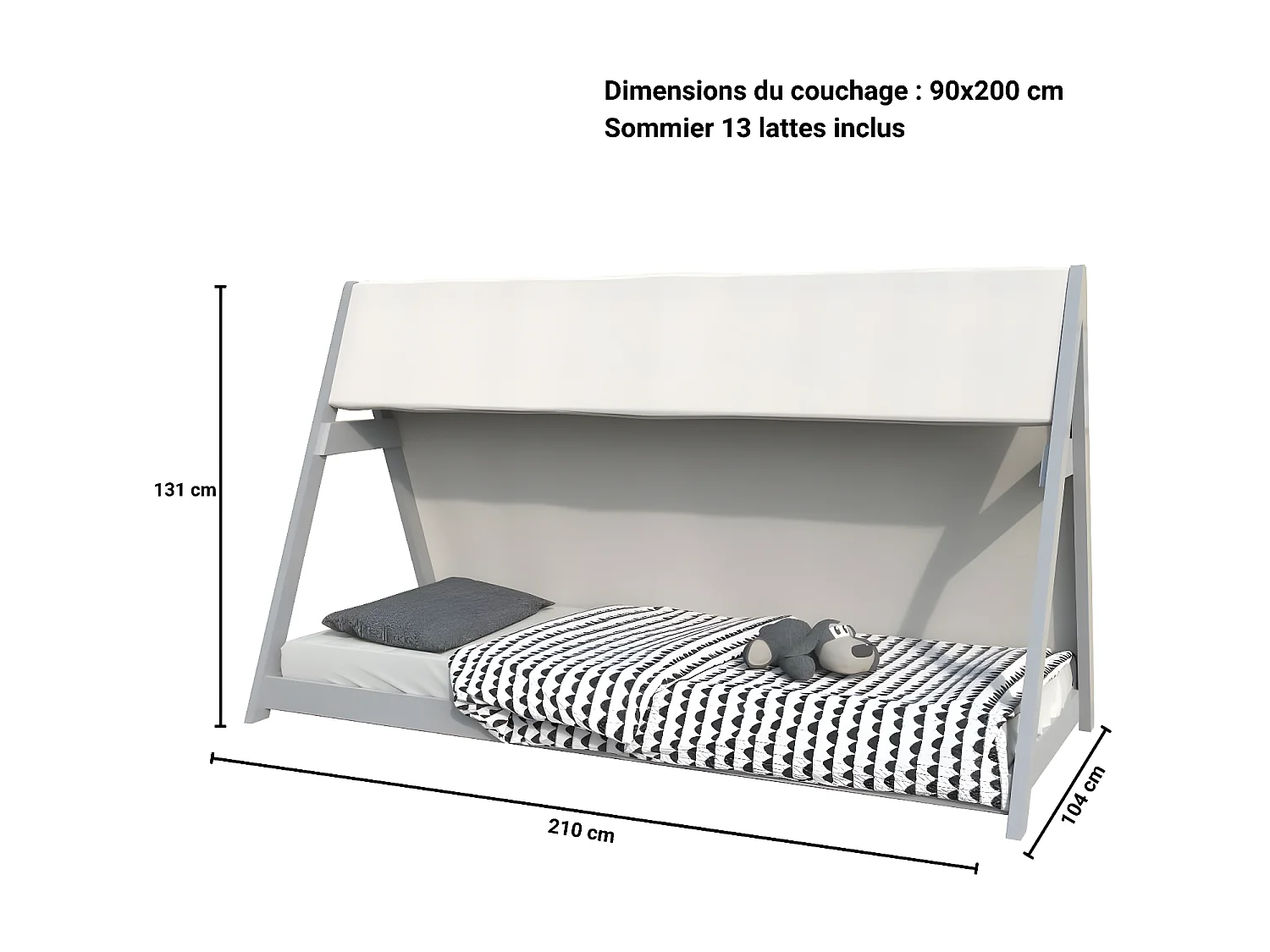 Lit cabane TIPI 90x200 + 1 toile + 1 sommier / Gris