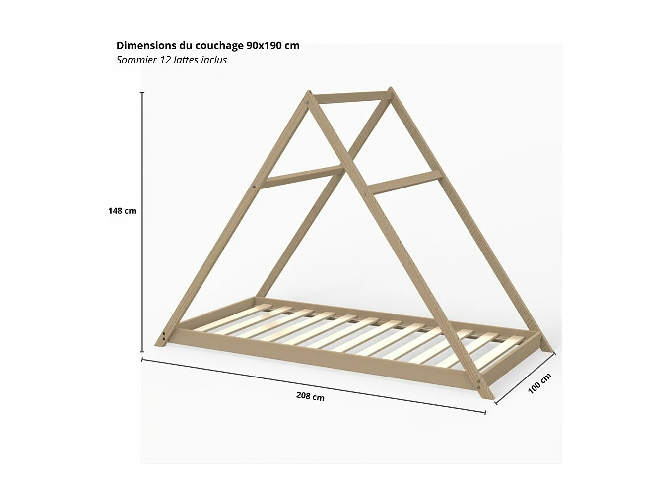 Lit cabane APACHE 90x190 + 1 sommier / Naturel