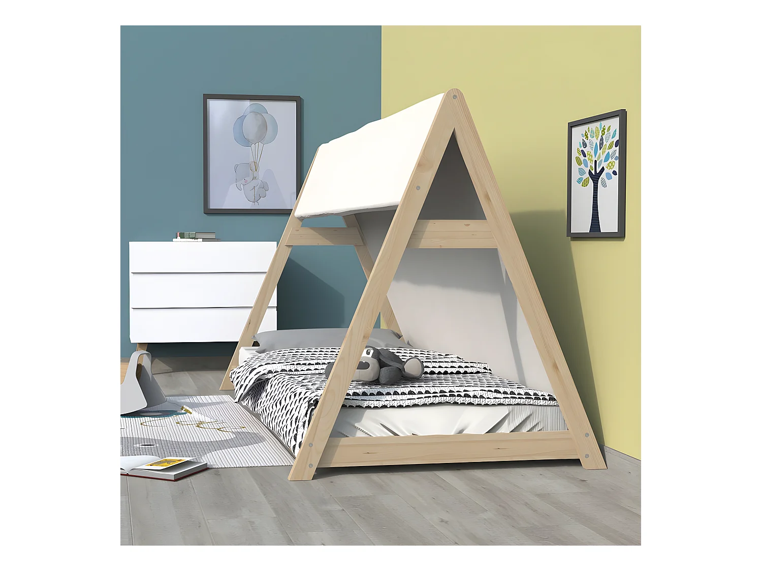 Lit cabane TIPI 70x140 + 1 toile + 1 sommier / Naturel