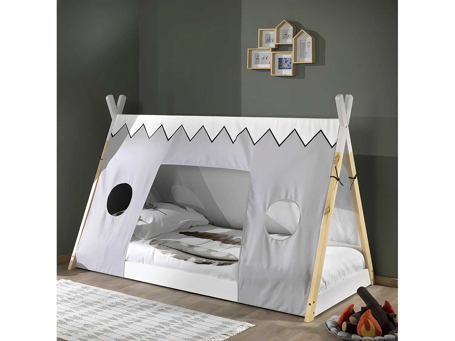 Pack - Lit Enfant & Textile "Tipi" 90x200cm Blanc