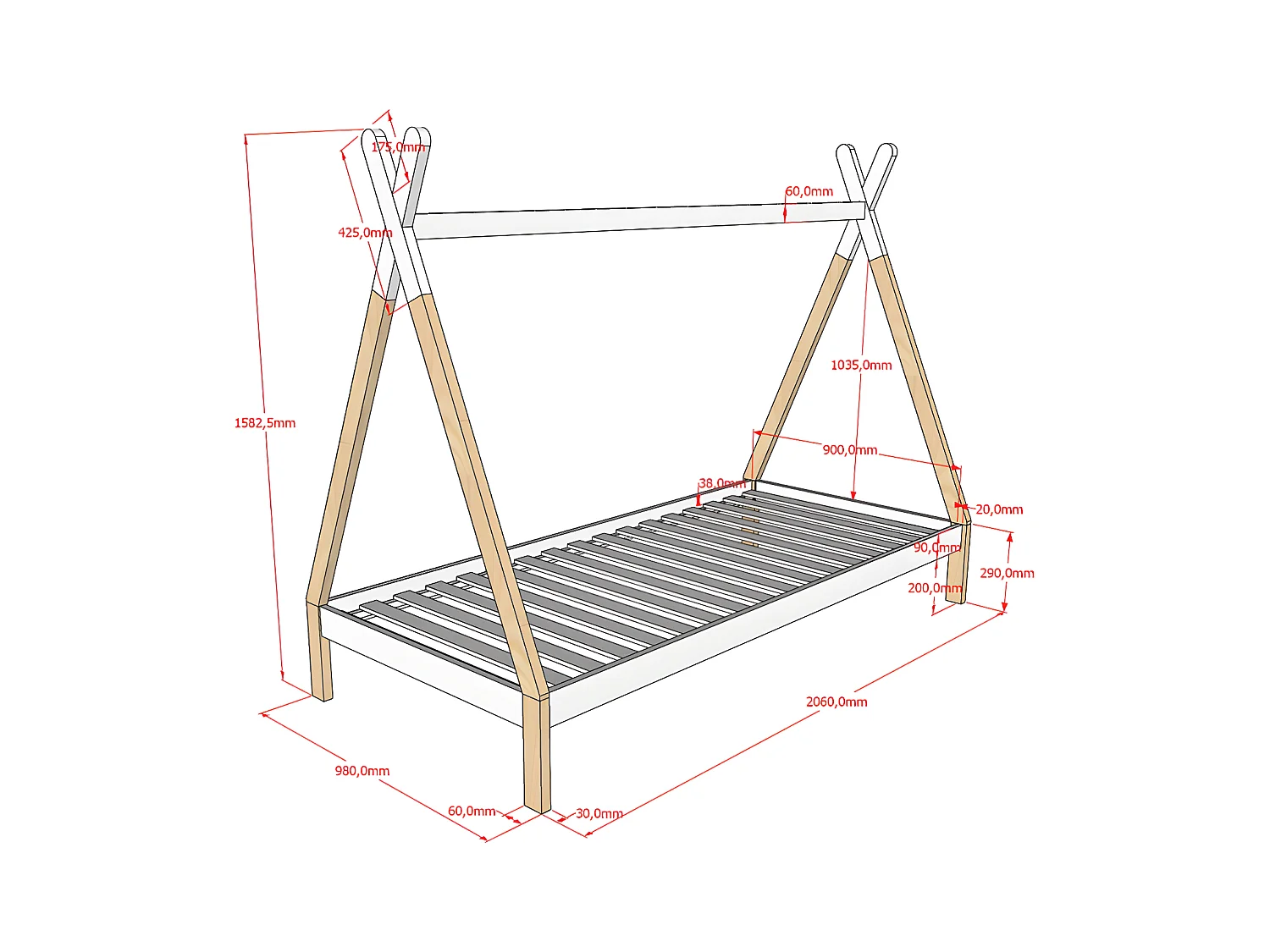 Lit Enfant en Pin Massif "Tipi" 90x200cm Blanc