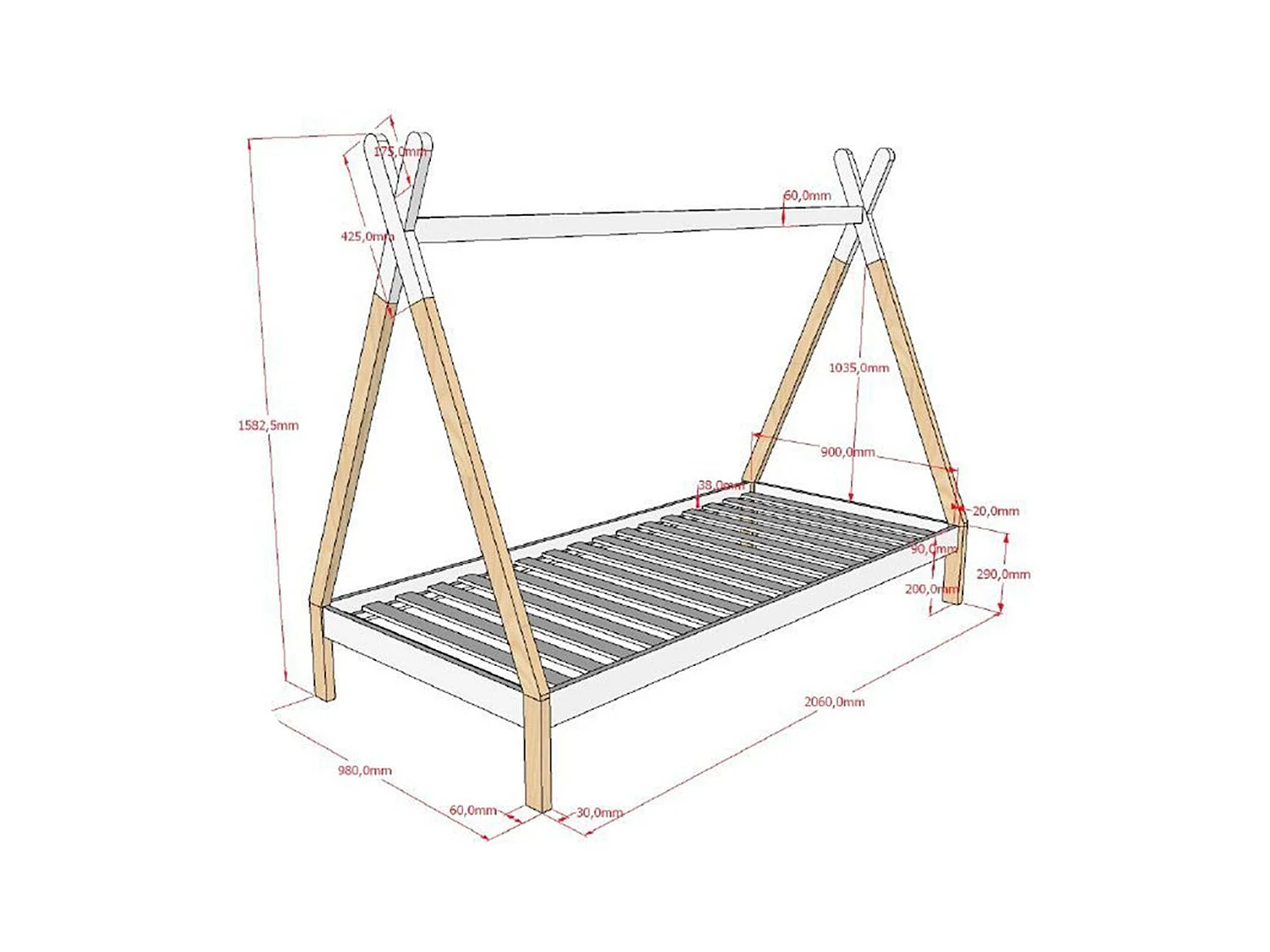 Lit Enfant en Pin Massif "Tipi" 90x200cm Blanc