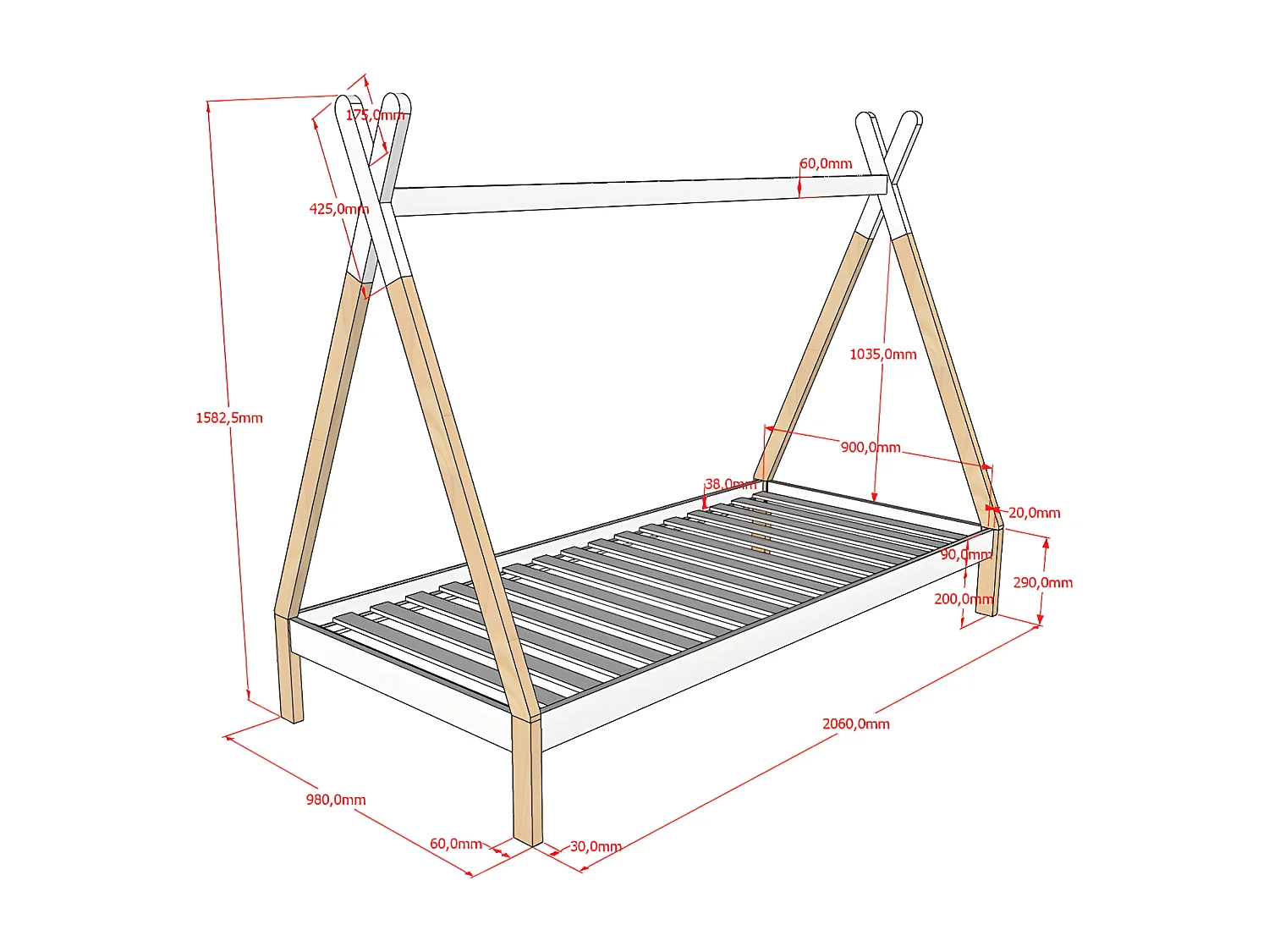 Lit Enfant en Pin Massif "Tipi" 90x200cm Blanc