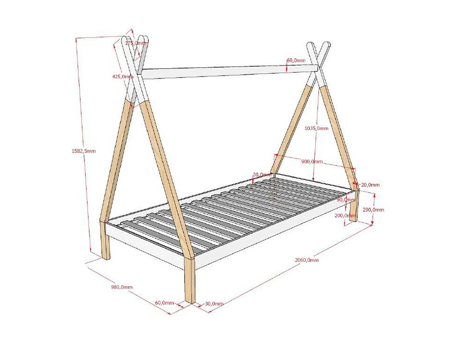 Lit Enfant en Pin Massif "Tipi" 90x200cm Blanc