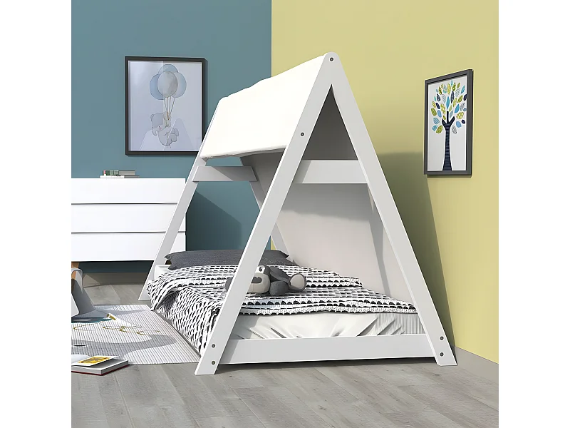 Lit cabane TIPI 70x140 + 1 toile + 1 sommier / Blanc