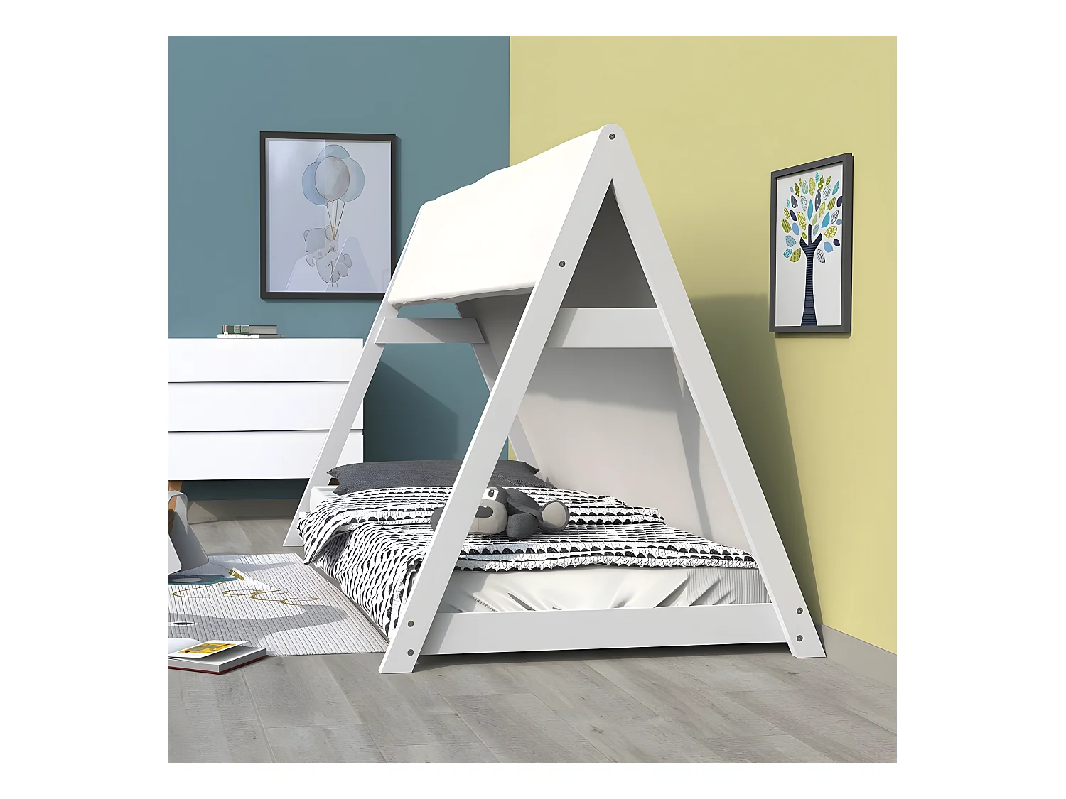 Lit cabane TIPI 70x140 + 1 toile + 1 sommier / Blanc