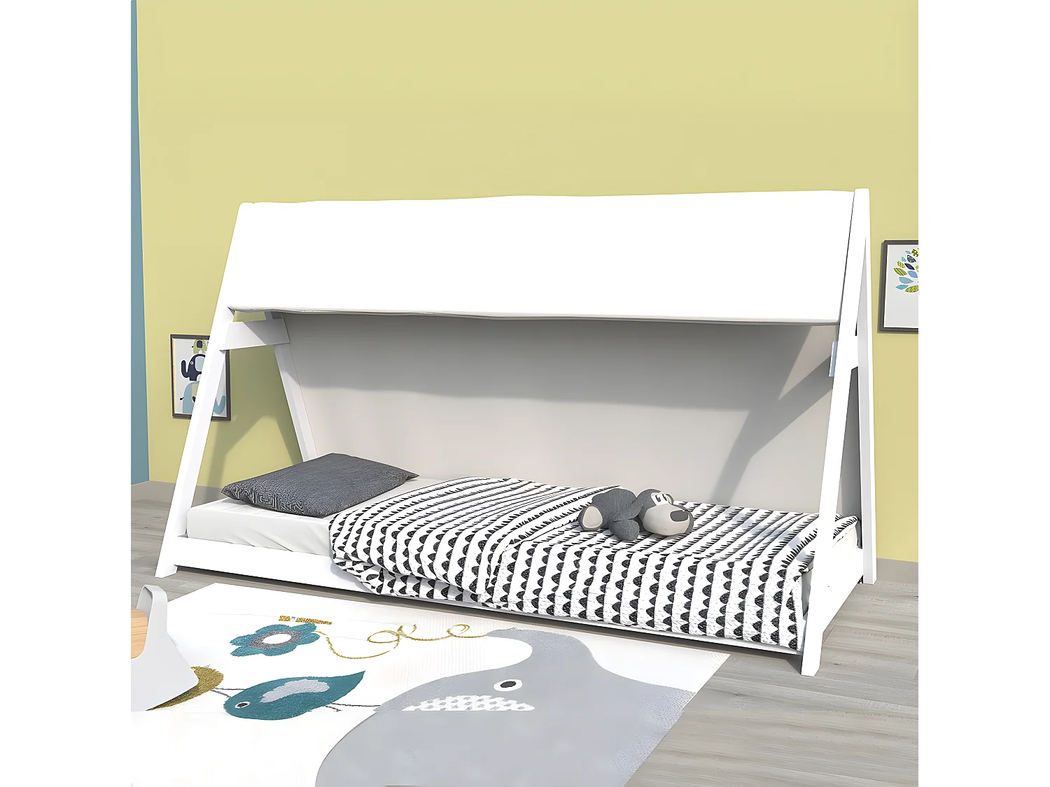 Lit cabane TIPI 70x140 + 1 toile + 1 sommier / Blanc