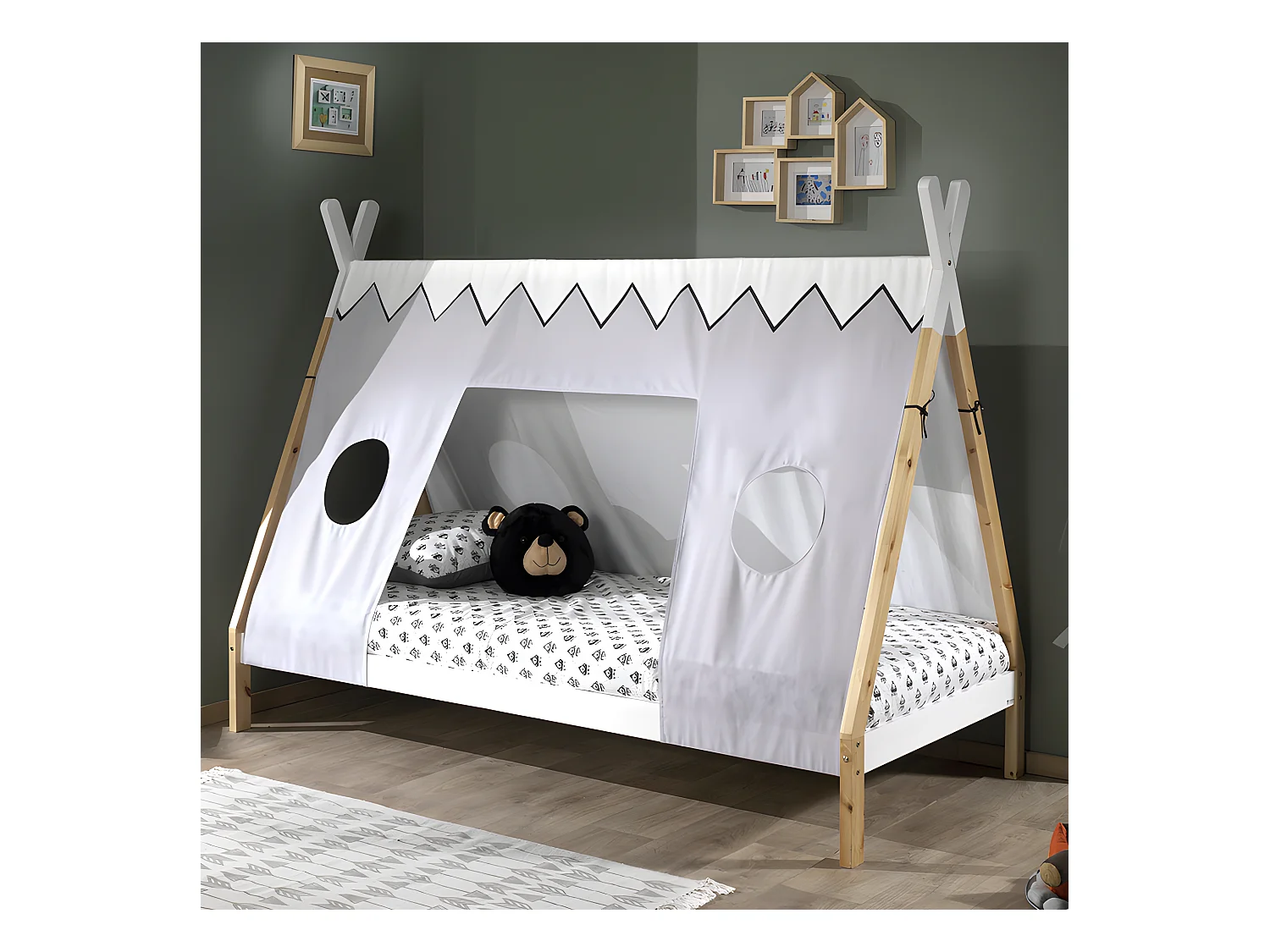 Pack - Lit Enfant & Voile "Tipi" 90x200cm Blanc