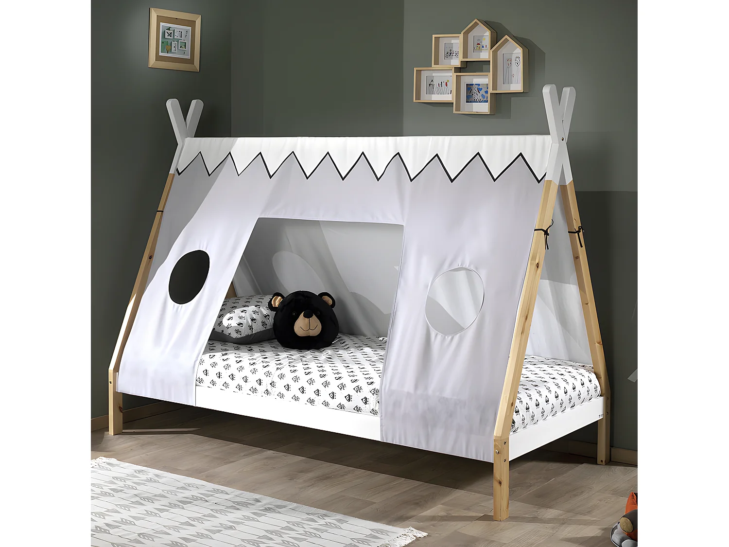 Pack - Lit Enfant & Voile "Tipi" 90x200cm Blanc