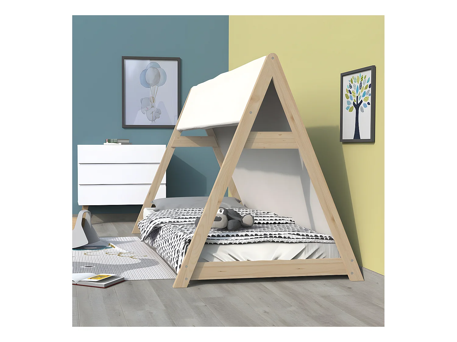 Lit cabane TIPI 90x200 + 1 toile + 1 sommier / Naturel