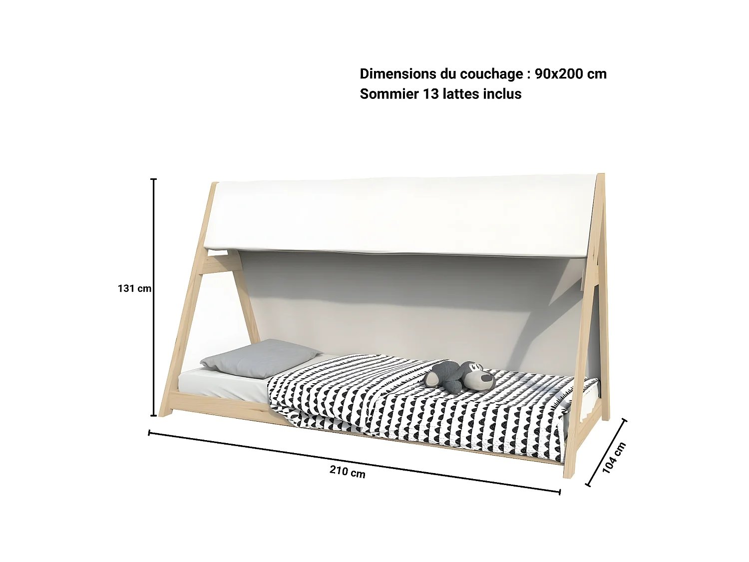Lit cabane TIPI 90x200 + 1 toile + 1 sommier / Naturel