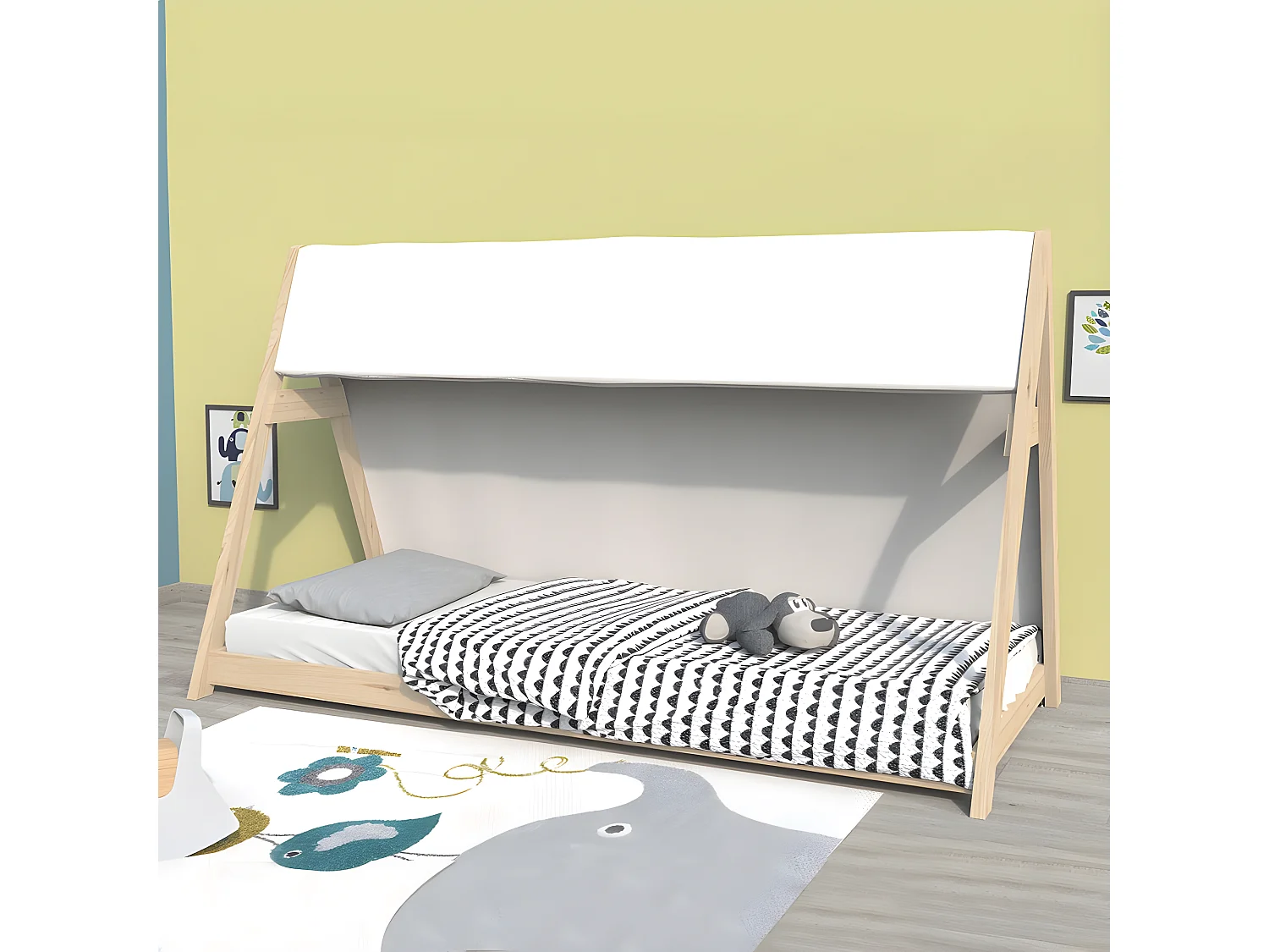 Lit cabane TIPI 90x200 + 1 toile + 1 sommier / Naturel