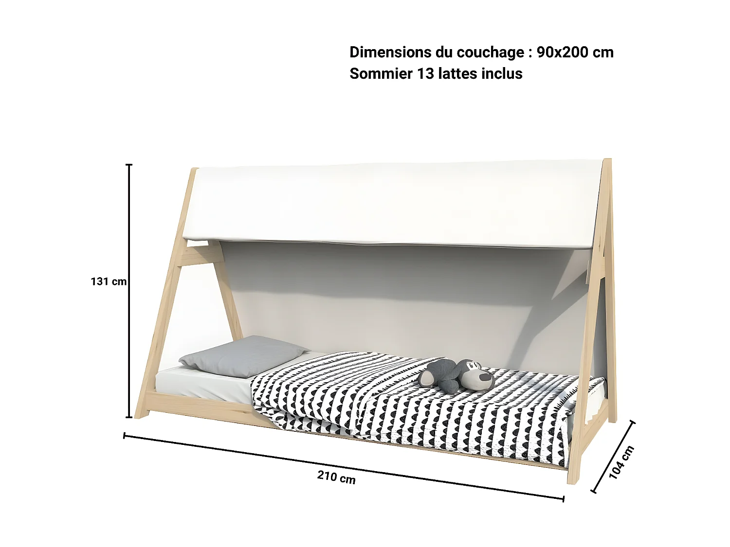 Lit cabane TIPI 90x200 + 1 toile + 1 sommier / Naturel