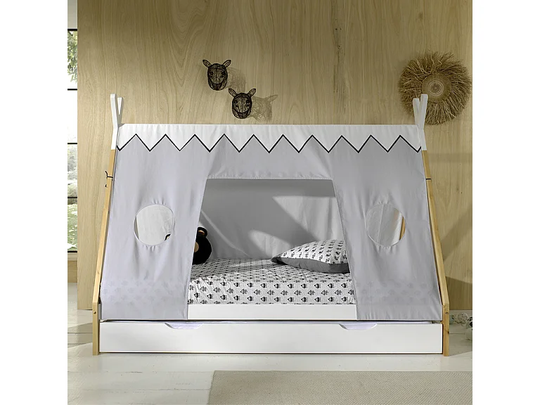 Pack - Lit Enfant, Tiroir & Voile "Tipi" 90x200cm Blanc
