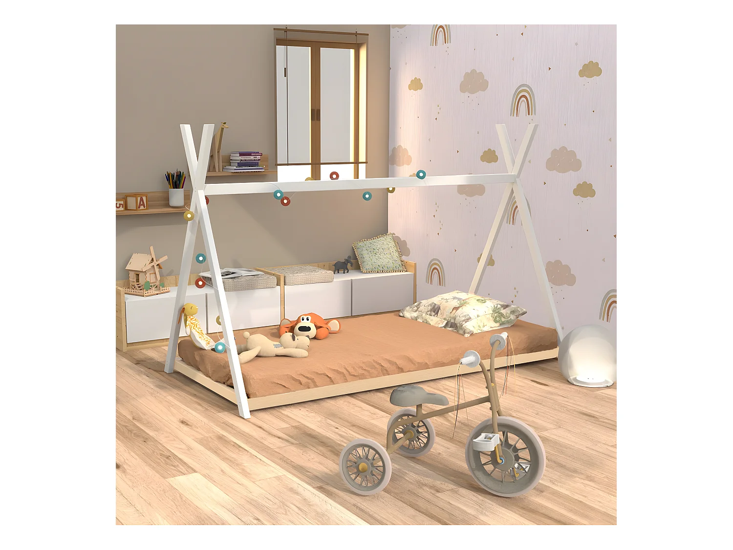 Lit cabane tipi SIOUX 90x190 + 1 sommier / Blanc