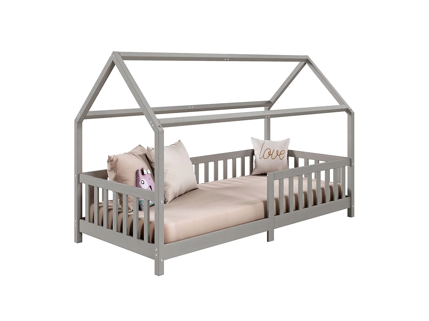Lit cabane NINA lit enfant simple montessori en bois 90 x 200 cm, en pin massif lasuré gris