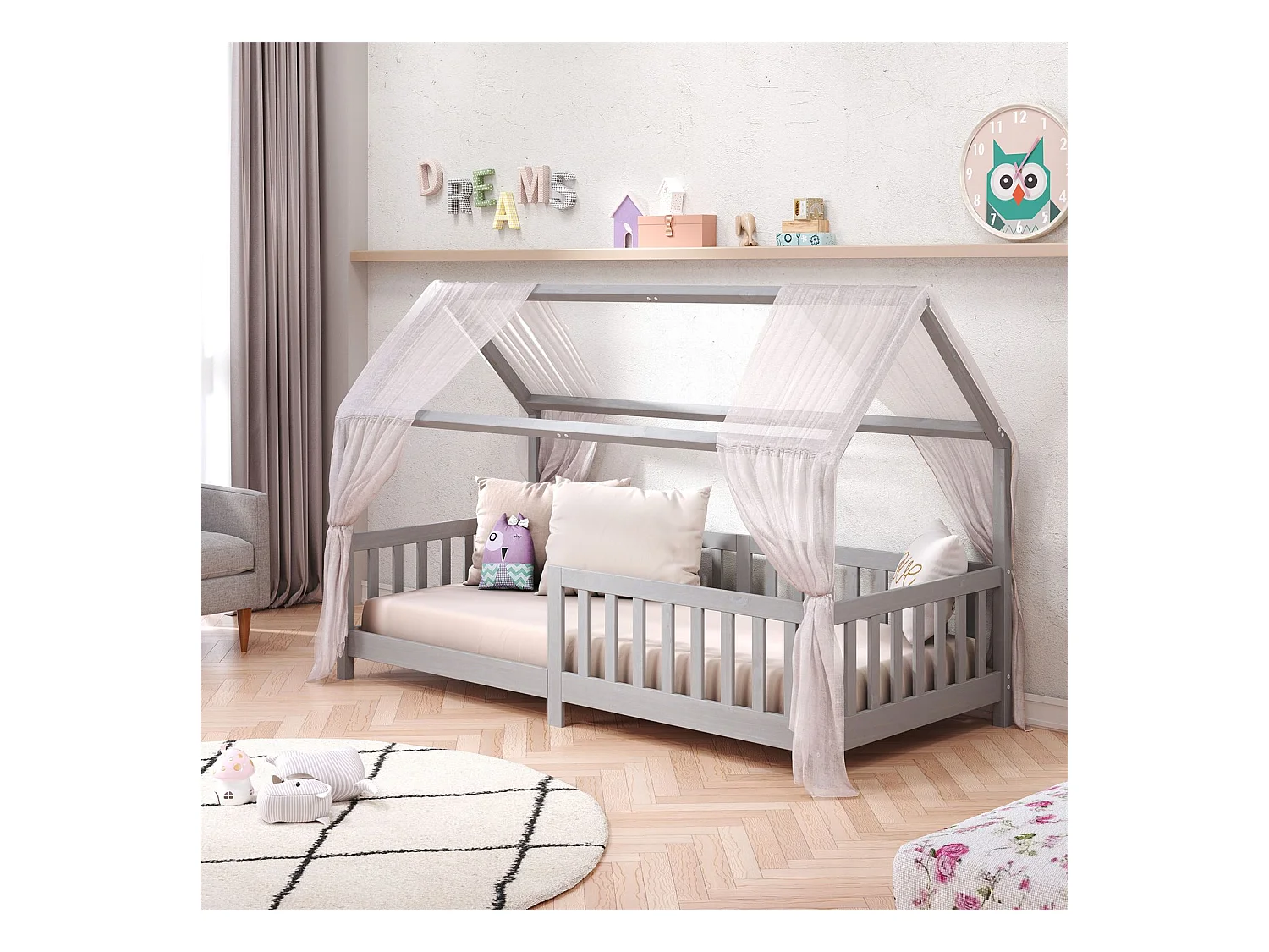 Lit cabane NINA lit enfant simple montessori en bois 90 x 200 cm, en pin massif lasuré gris