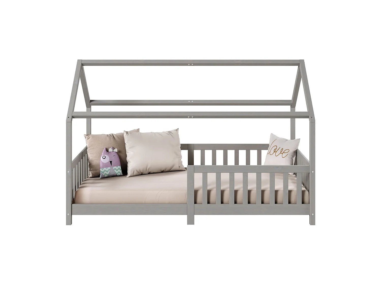 Lit cabane NINA lit enfant simple montessori en bois 90 x 200 cm, en pin massif lasuré gris