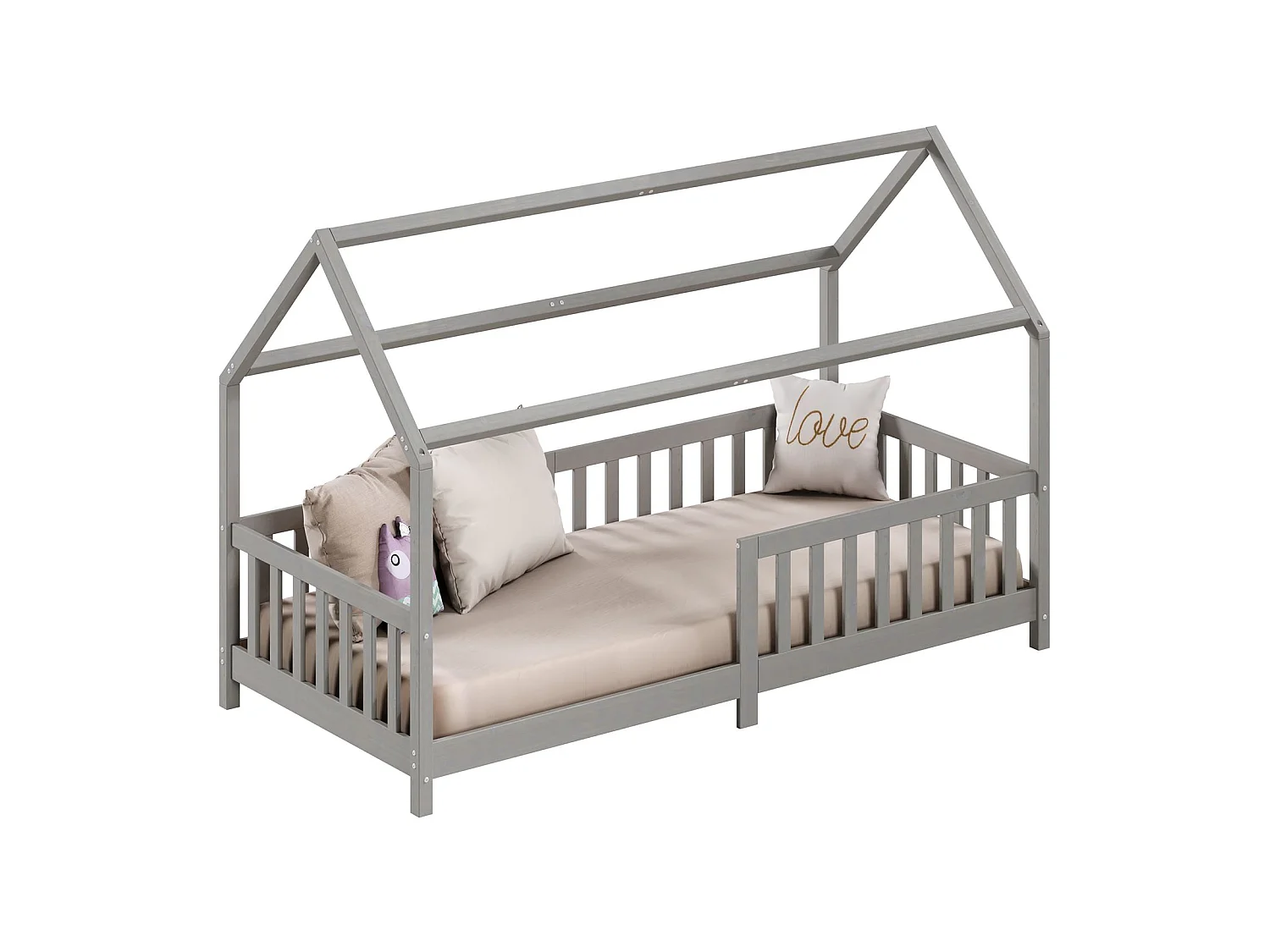 Lit cabane NINA lit enfant simple montessori en bois 90 x 200 cm, en pin massif lasuré gris