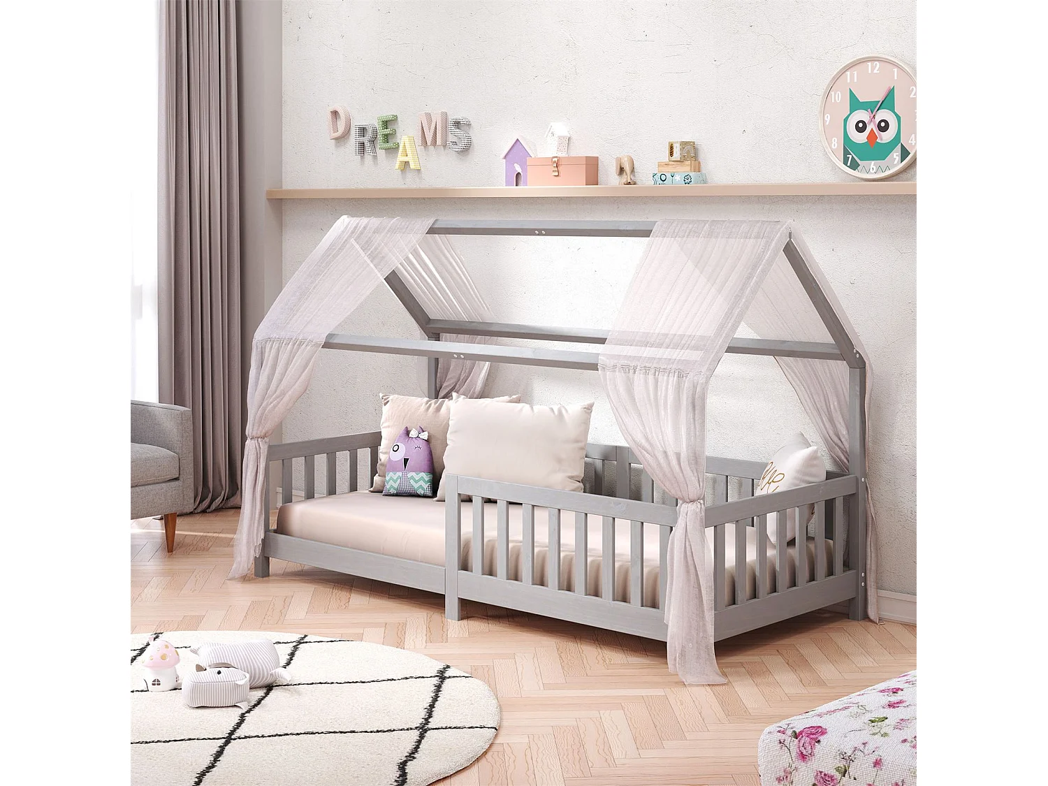 Lit cabane NINA lit enfant simple montessori en bois 90 x 200 cm, en pin massif lasuré gris