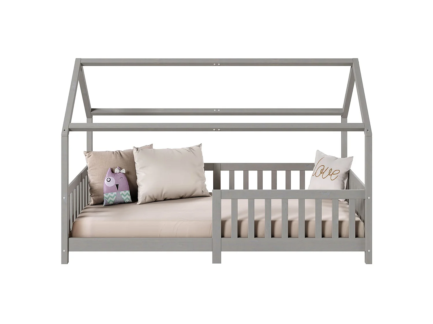 Lit cabane NINA lit enfant simple montessori en bois 90 x 200 cm, en pin massif lasuré gris