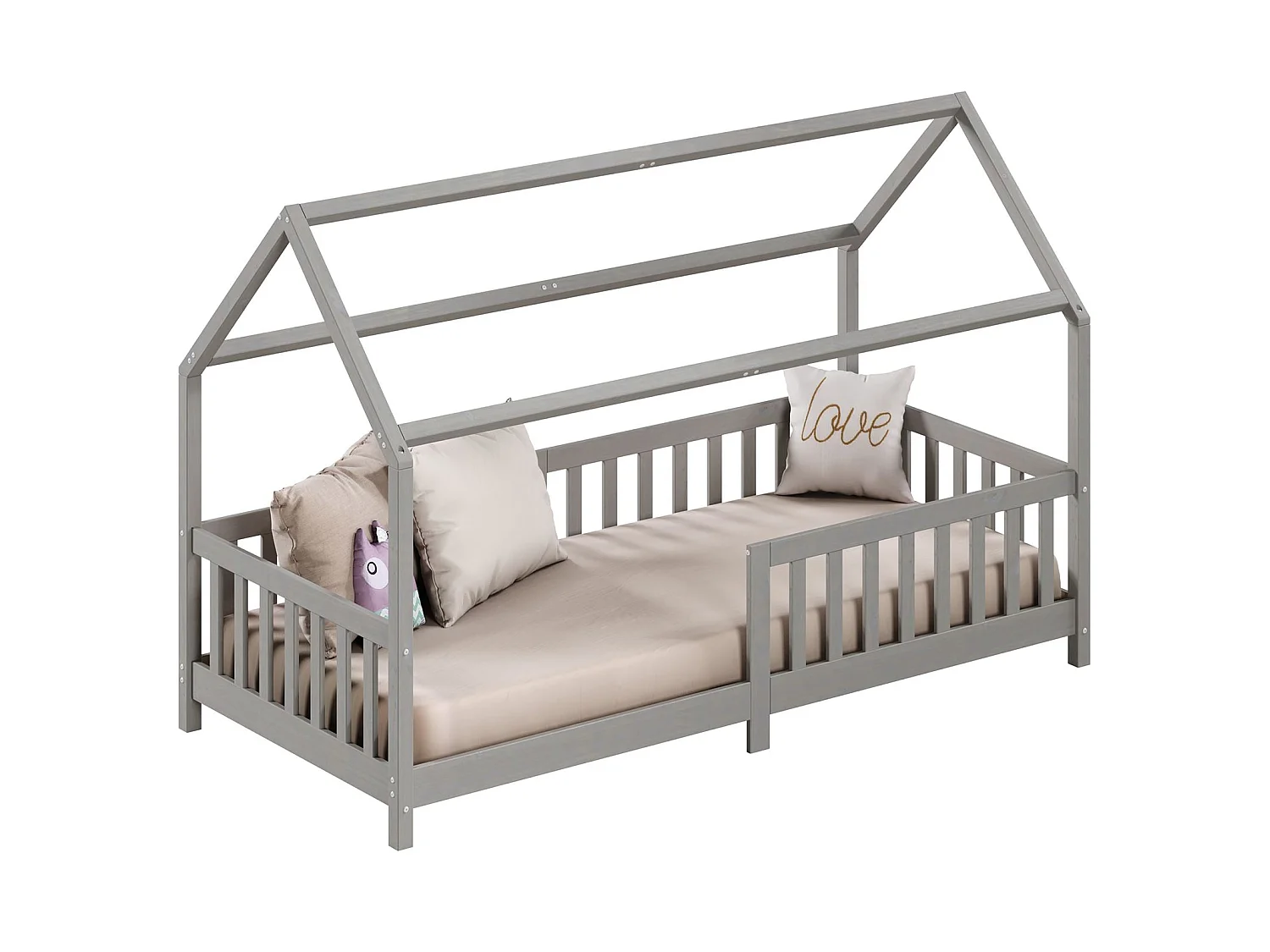 Lit cabane NINA lit enfant simple montessori en bois 90 x 200 cm, en pin massif lasuré gris