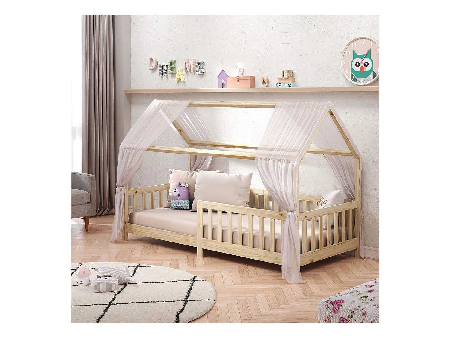 Lit cabane NINA lit enfant simple montessori en bois 90 x 200 cm, en pin massif finition naturelle