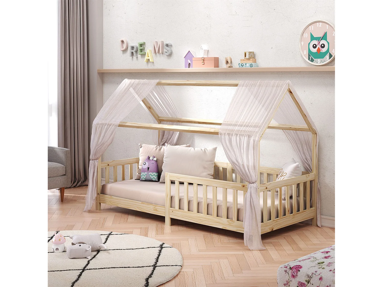 Lit cabane NINA lit enfant simple montessori en bois 90 x 200 cm, en pin massif finition naturelle