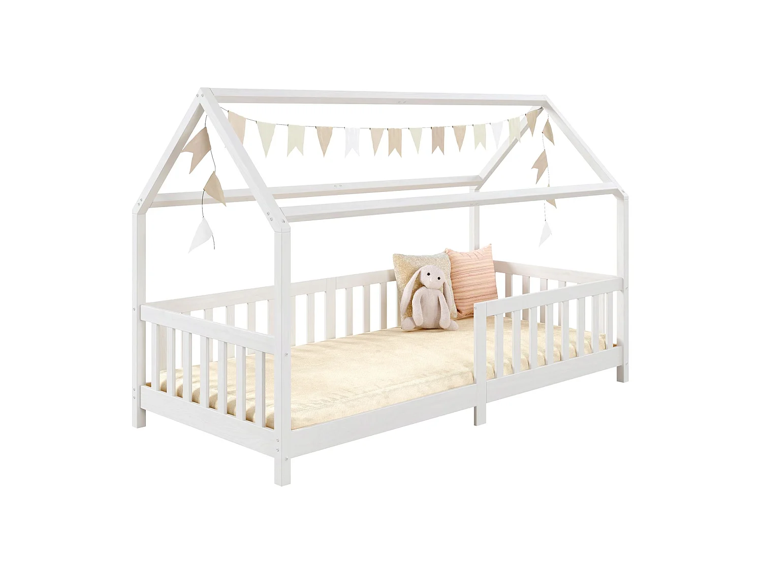 Lit cabane NINA lit enfant simple montessori en bois 90 x 200 cm, en pin massif lasuré blanc