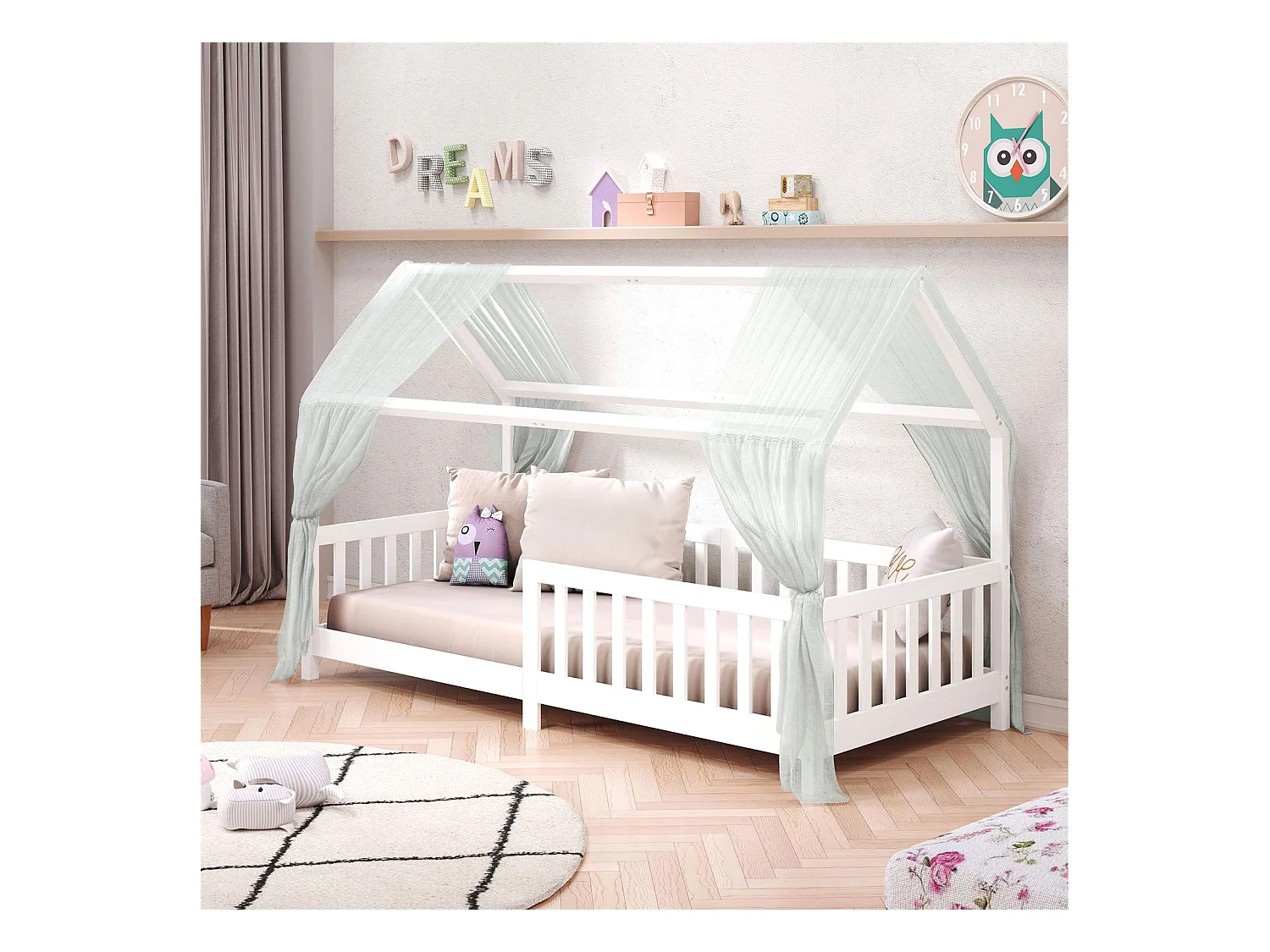 Lit cabane NINA lit enfant simple montessori en bois 90 x 200 cm, en pin massif lasuré blanc