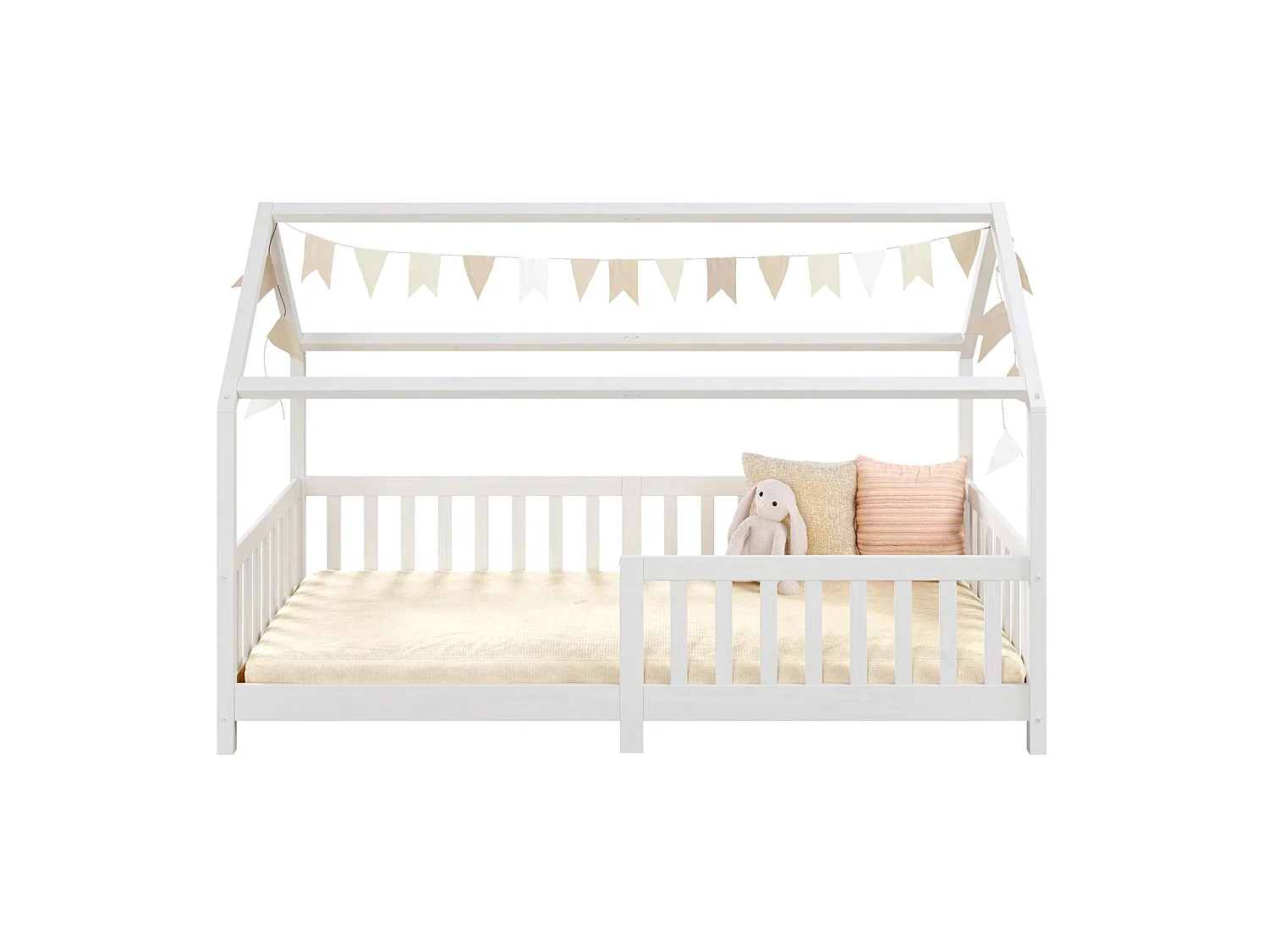Lit cabane NINA lit enfant simple montessori en bois 90 x 200 cm, en pin massif lasuré blanc