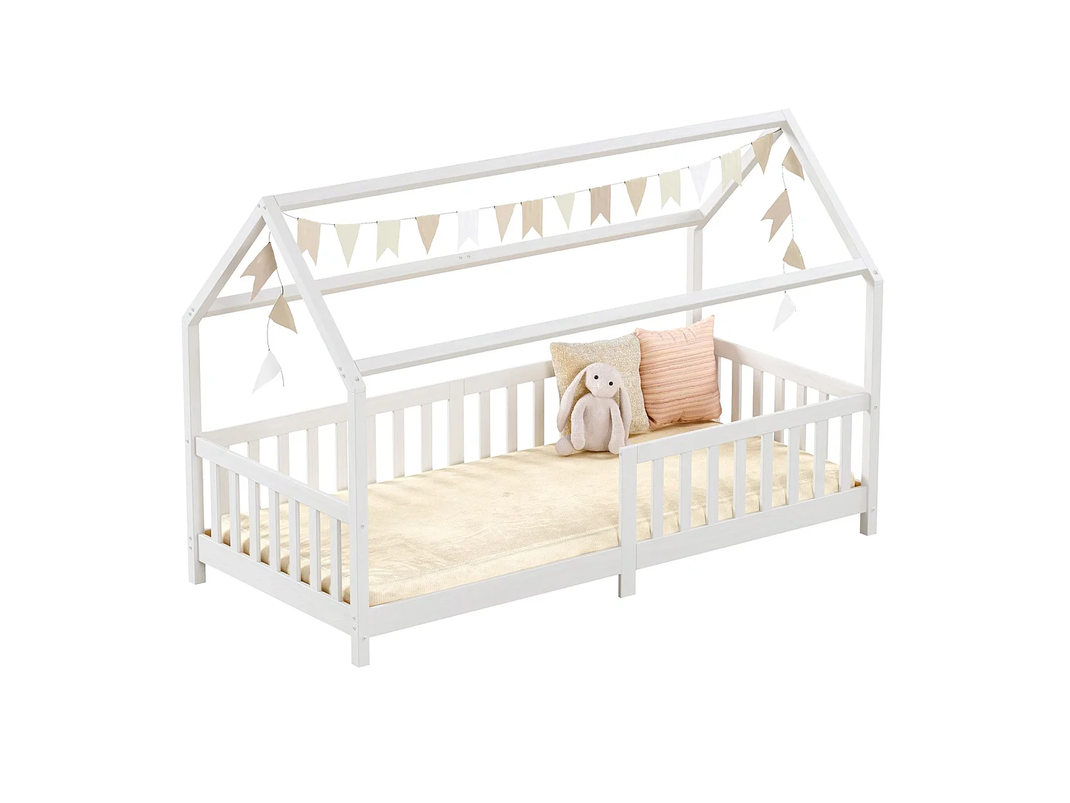 Lit cabane NINA lit enfant simple montessori en bois 90 x 200 cm, en pin massif lasuré blanc
