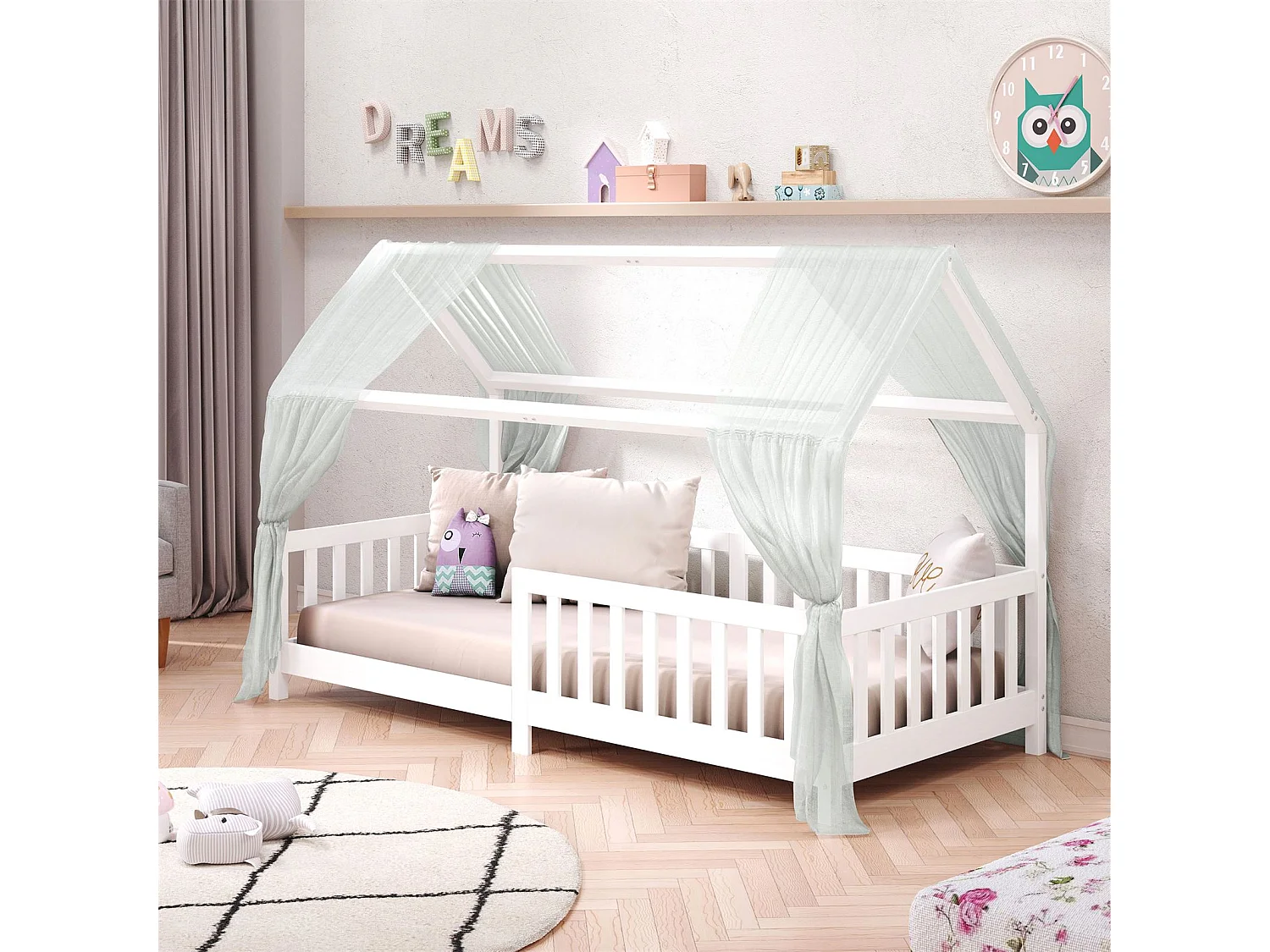 Lit cabane NINA lit enfant simple montessori en bois 90 x 200 cm, en pin massif lasuré blanc