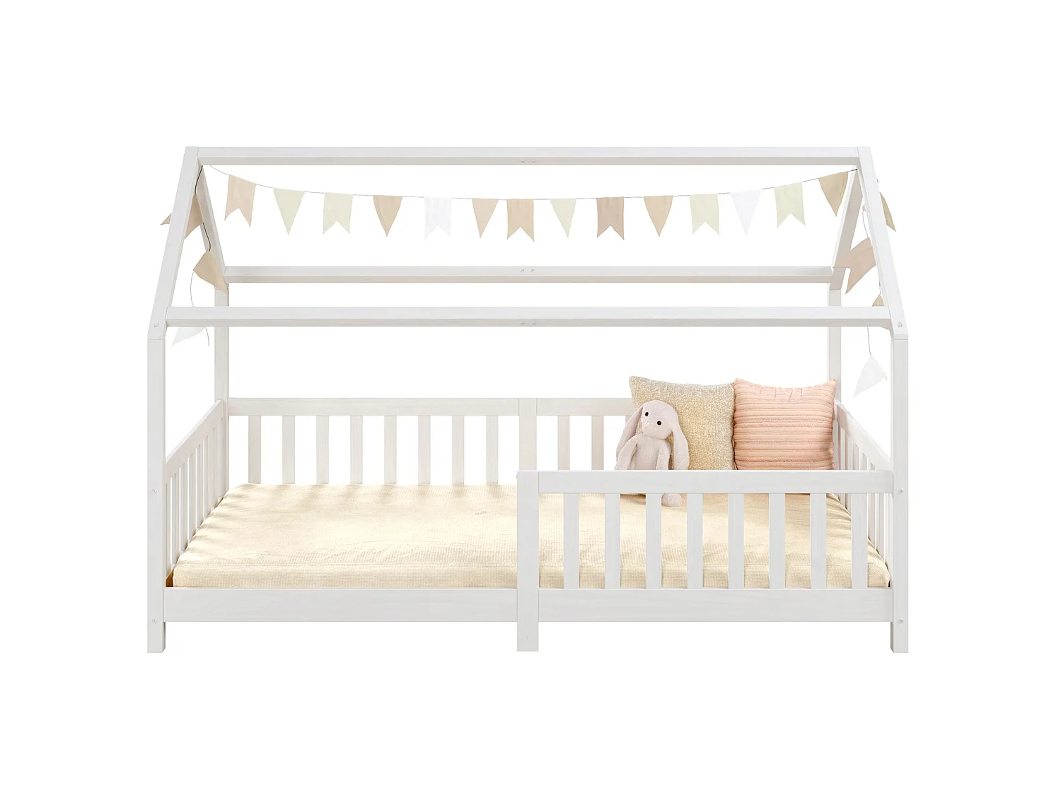 Lit cabane NINA lit enfant simple montessori en bois 90 x 200 cm, en pin massif lasuré blanc