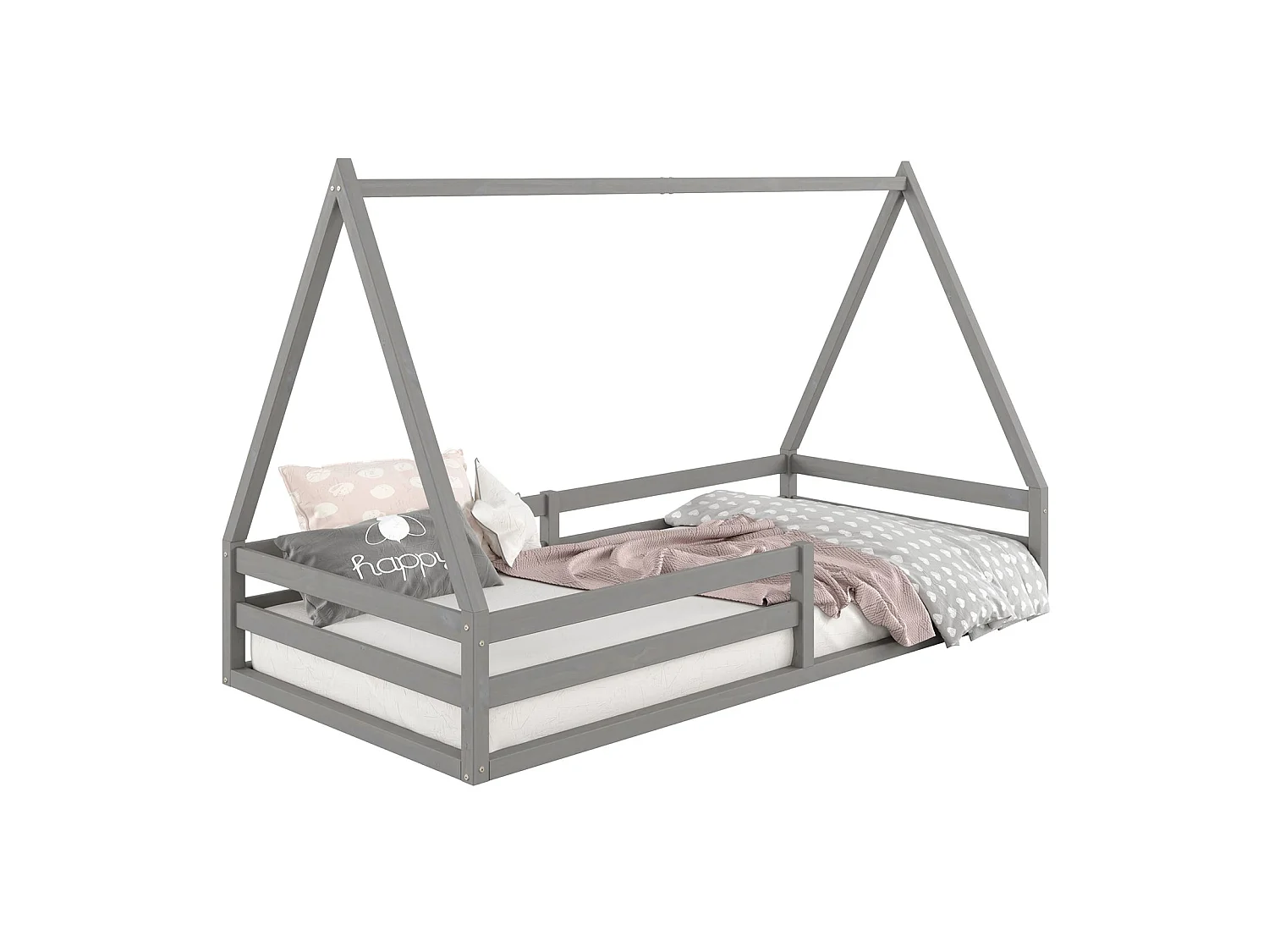Lit cabane SILA 90x200 cm, lit simple enfant 1 place type Montessori, en pin massif gris