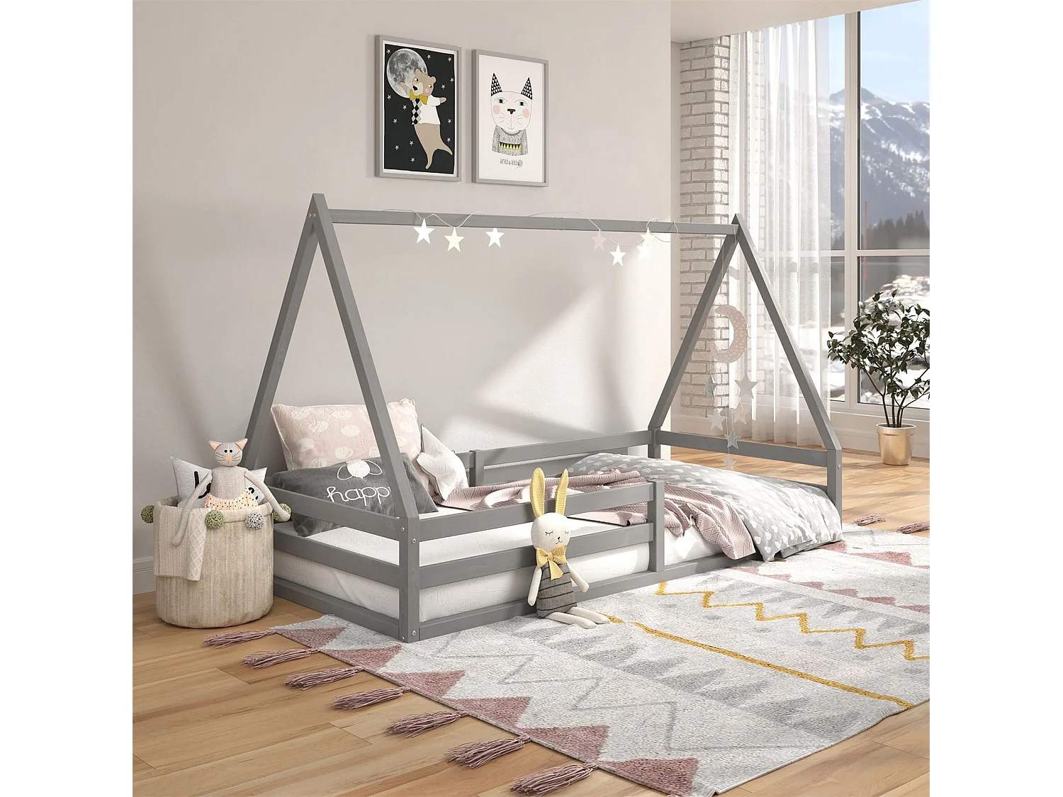 Lit cabane SILA 90x200 cm, lit simple enfant 1 place type Montessori, en pin massif gris