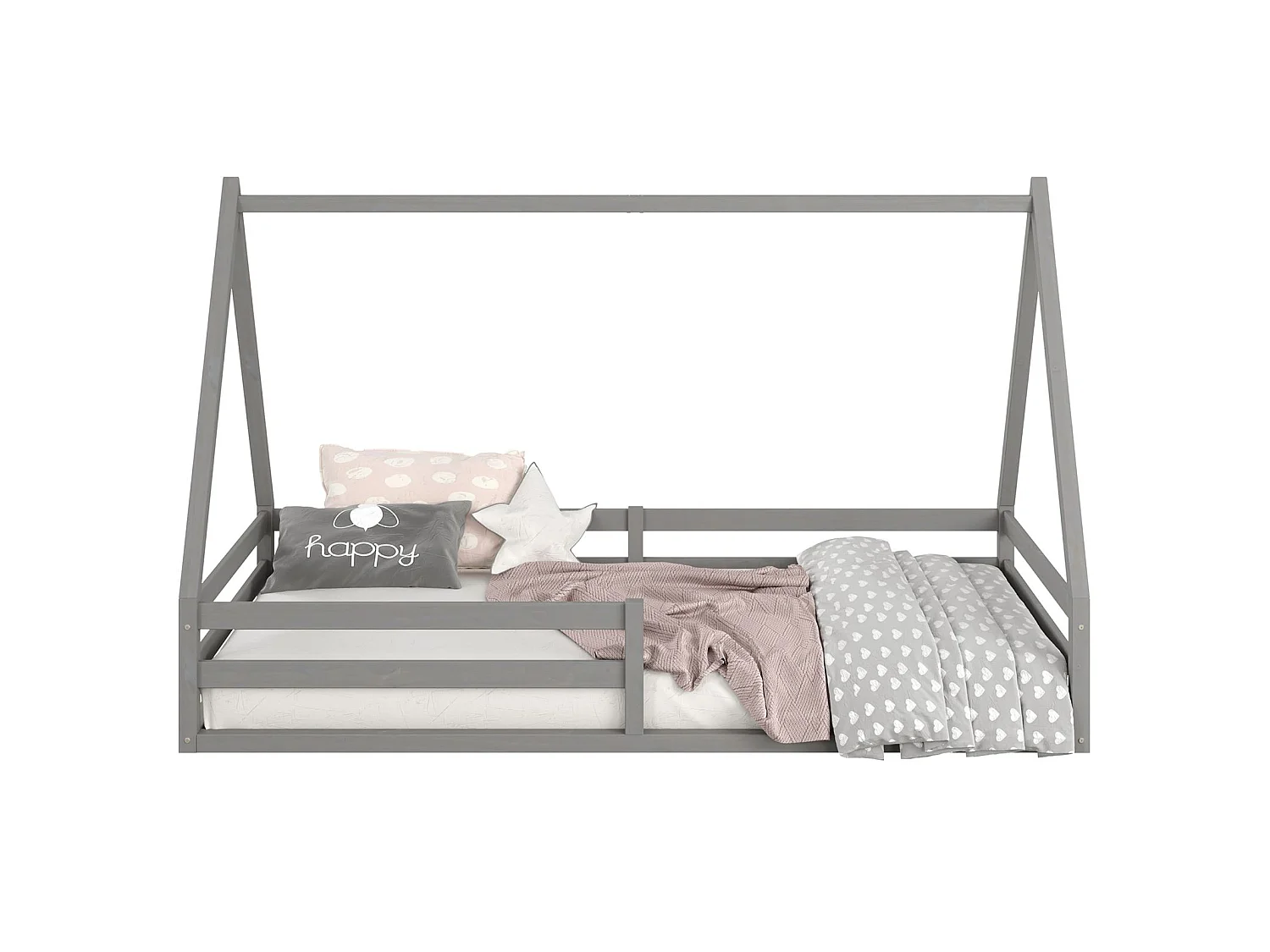Lit cabane SILA 90x200 cm, lit simple enfant 1 place type Montessori, en pin massif gris