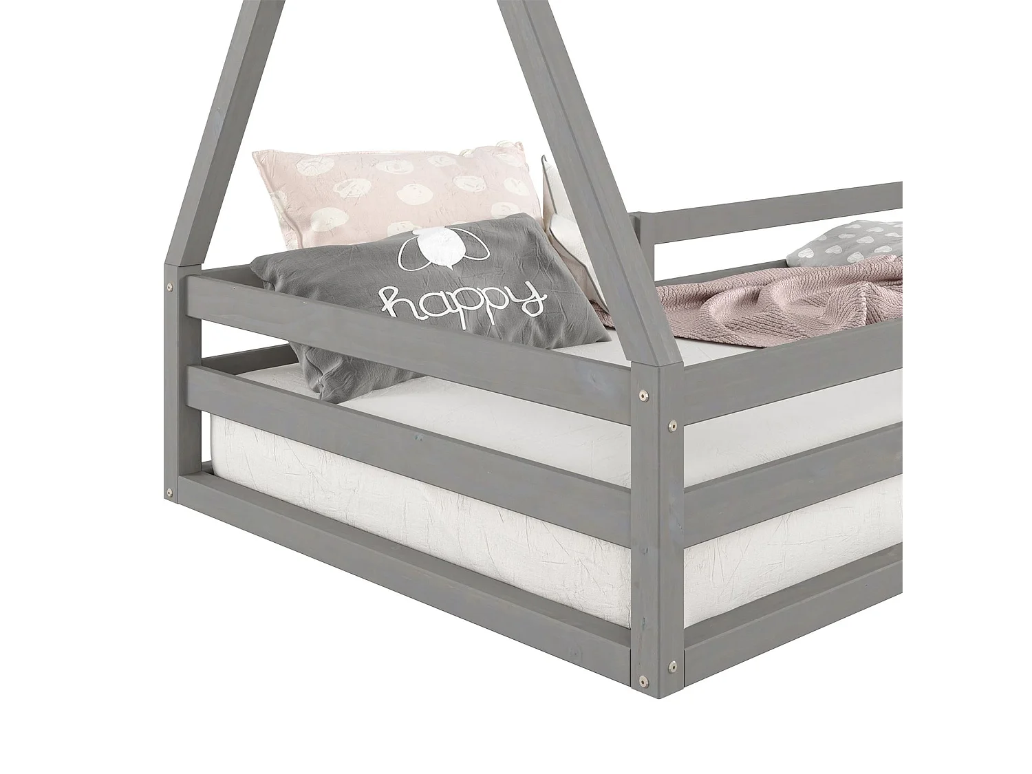 Lit cabane SILA 90x200 cm, lit simple enfant 1 place type Montessori, en pin massif gris