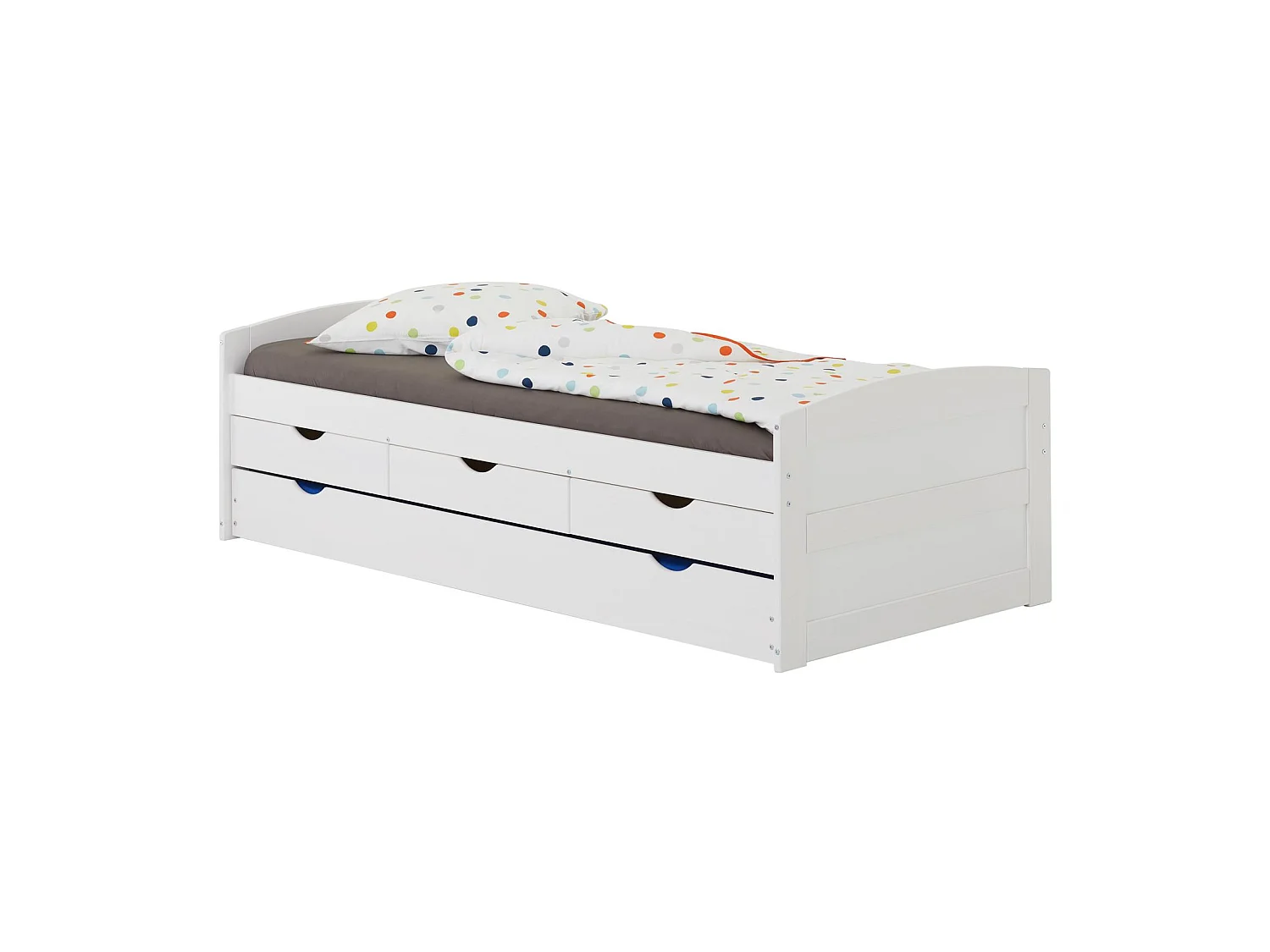 Lit gigogne JESSY lit enfant fonctionnel avec tiroir-lit et rangements 3 tiroirs, couchage 90 x 200 cm, en pin massif lasuré blanc