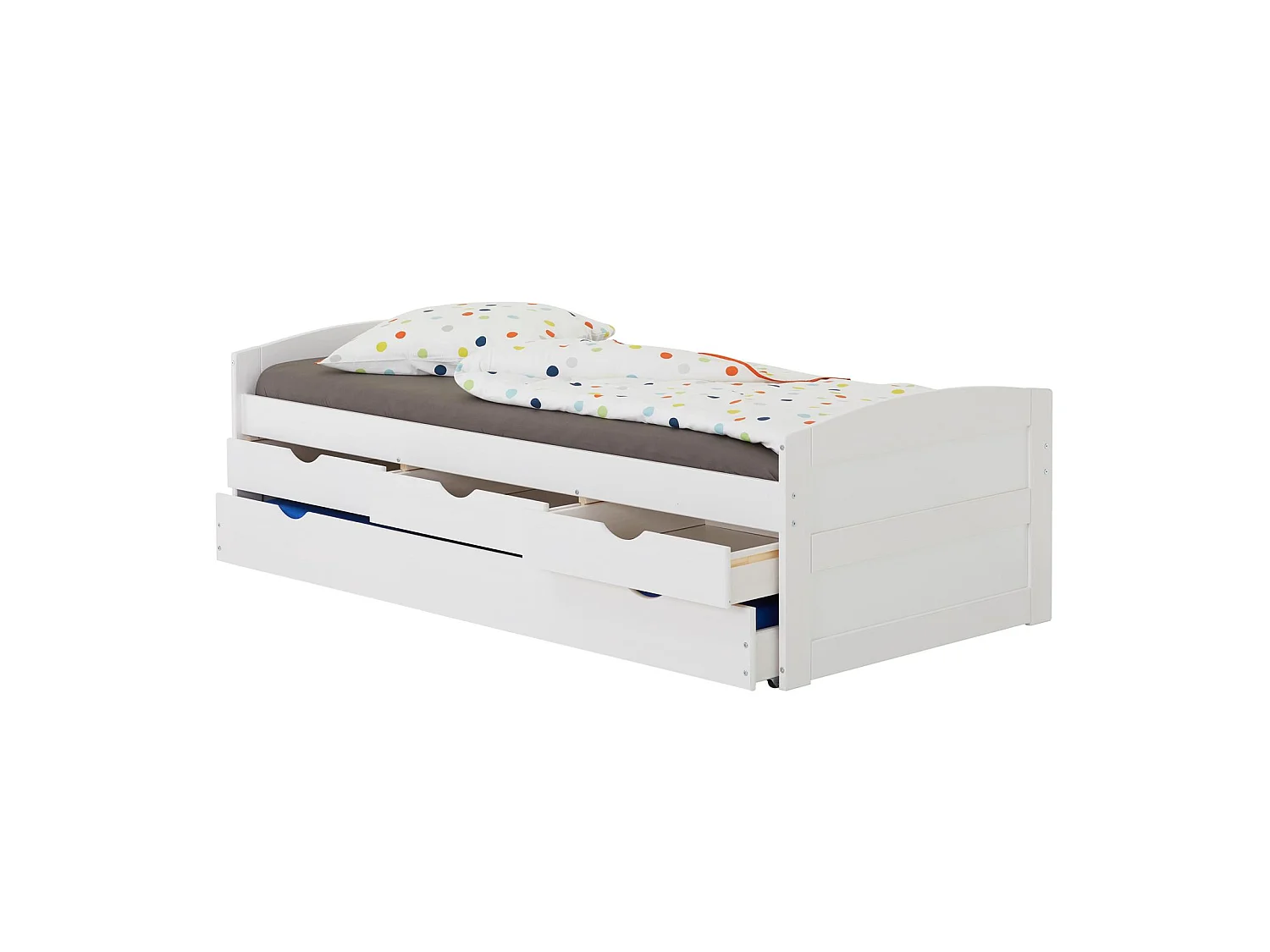 Lit gigogne JESSY lit enfant fonctionnel avec tiroir-lit et rangements 3 tiroirs, couchage 90 x 200 cm, en pin massif lasuré blanc