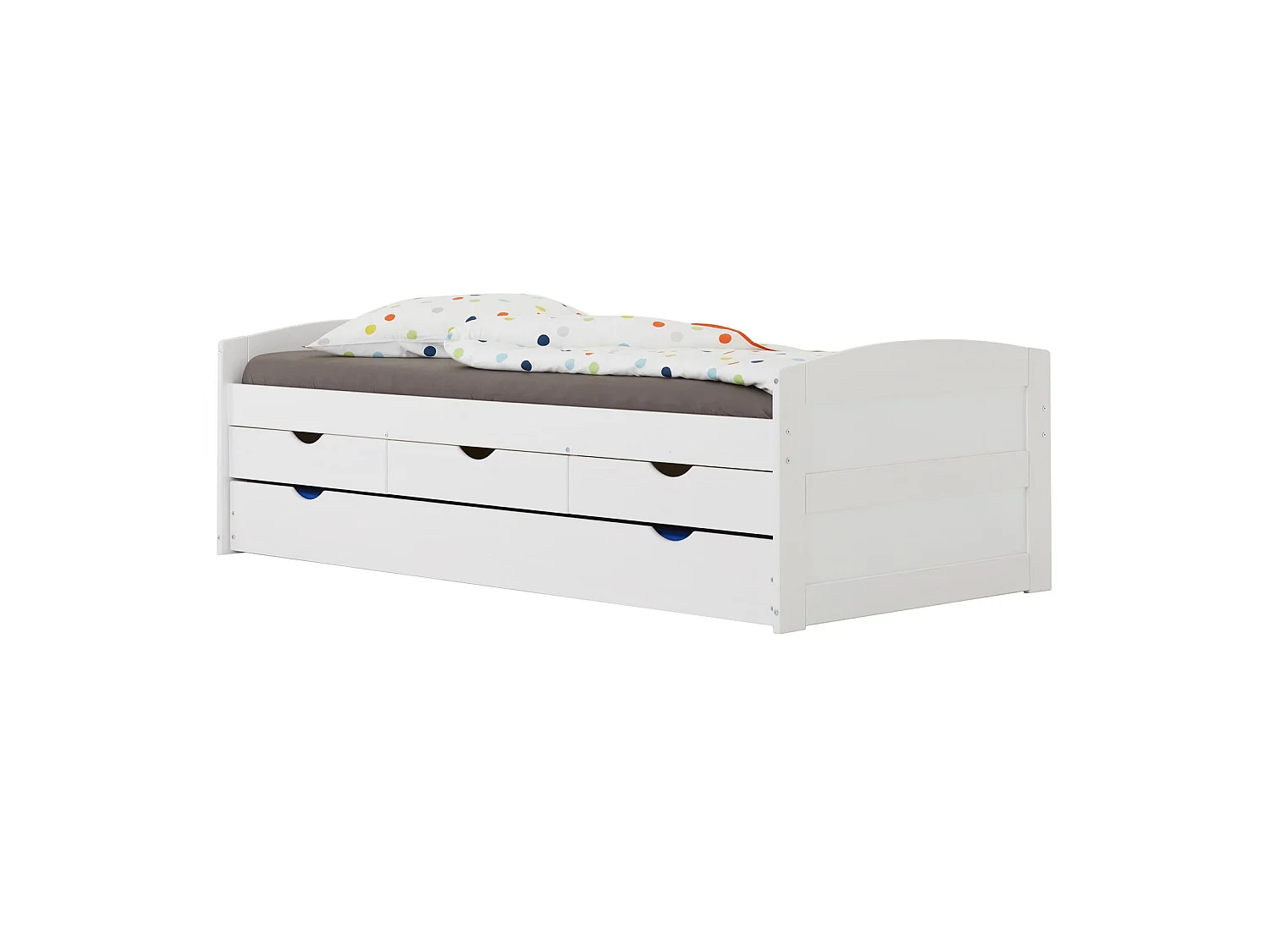 Lit gigogne JESSY lit enfant fonctionnel avec tiroir-lit et rangements 3 tiroirs, couchage 90 x 200 cm, en pin massif lasuré blanc