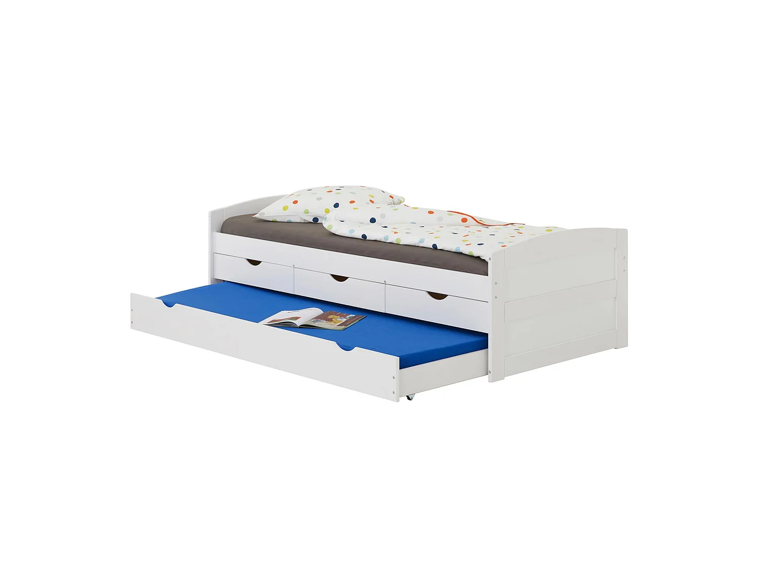 Lit gigogne JESSY lit enfant fonctionnel avec tiroir-lit et rangements 3 tiroirs, couchage 90 x 200 cm, en pin massif lasuré blanc