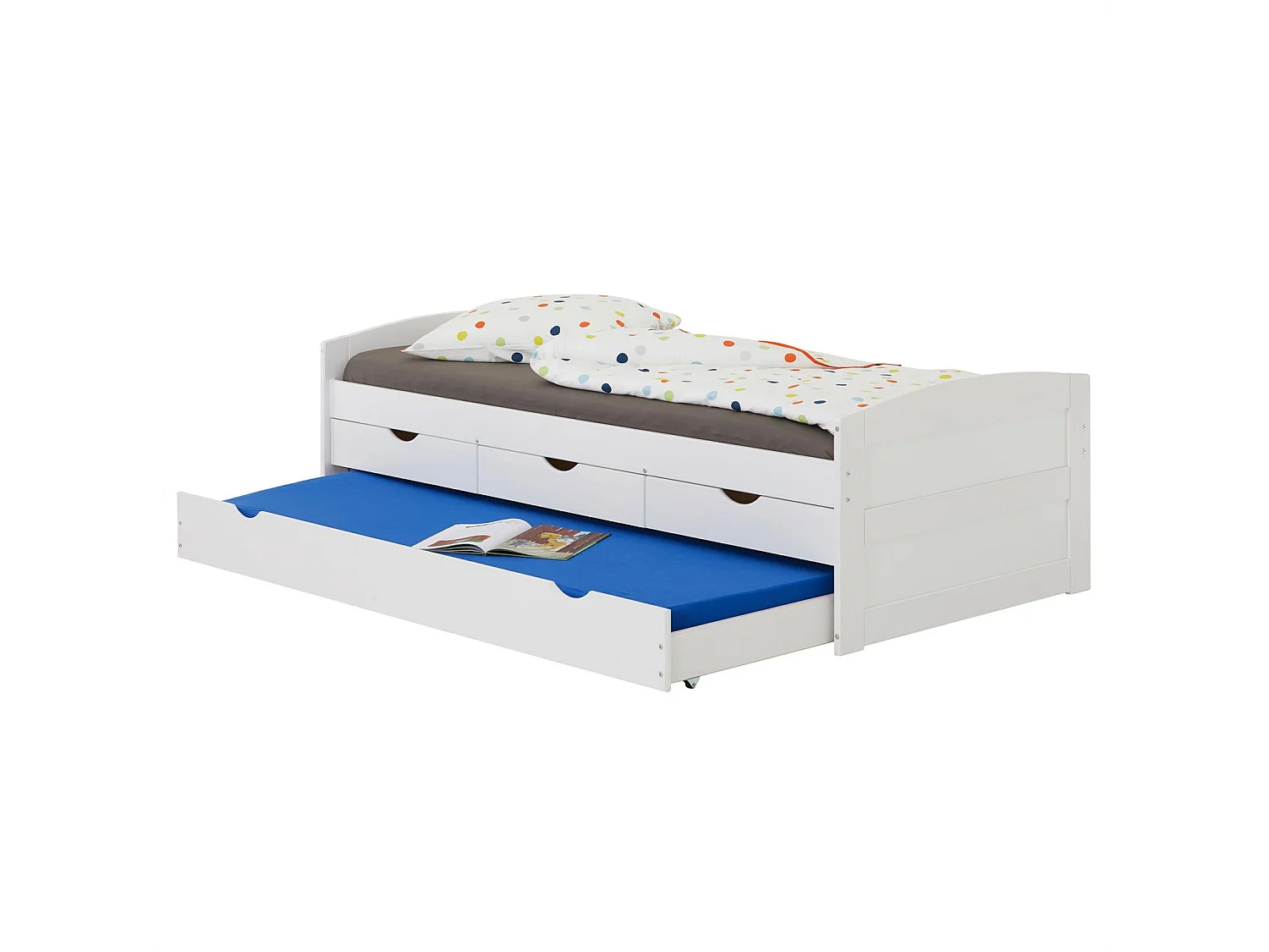 Lit gigogne JESSY lit enfant fonctionnel avec tiroir-lit et rangements 3 tiroirs, couchage 90 x 200 cm, en pin massif lasuré blanc