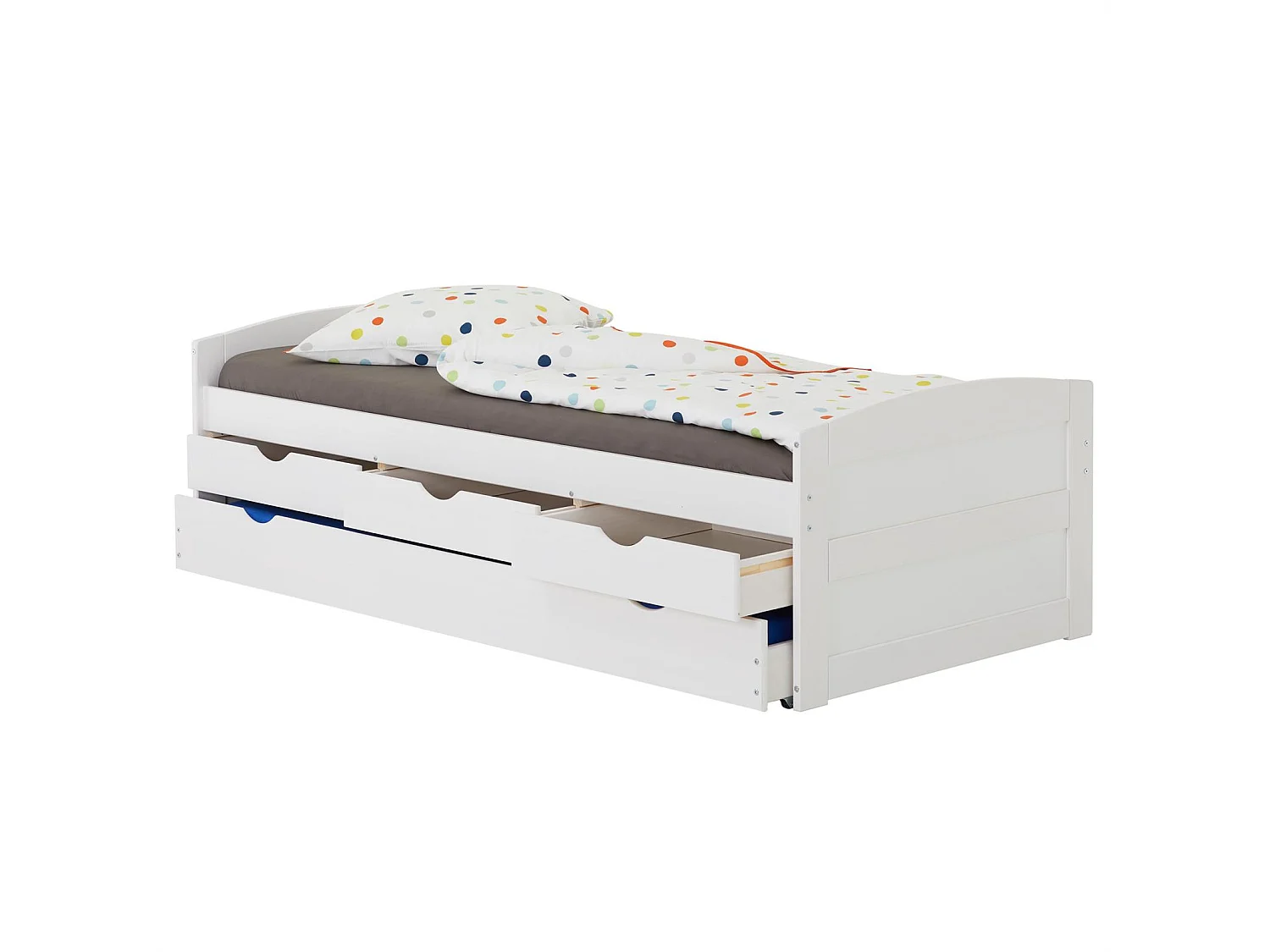 Lit gigogne JESSY lit enfant fonctionnel avec tiroir-lit et rangements 3 tiroirs, couchage 90 x 200 cm, en pin massif lasuré blanc