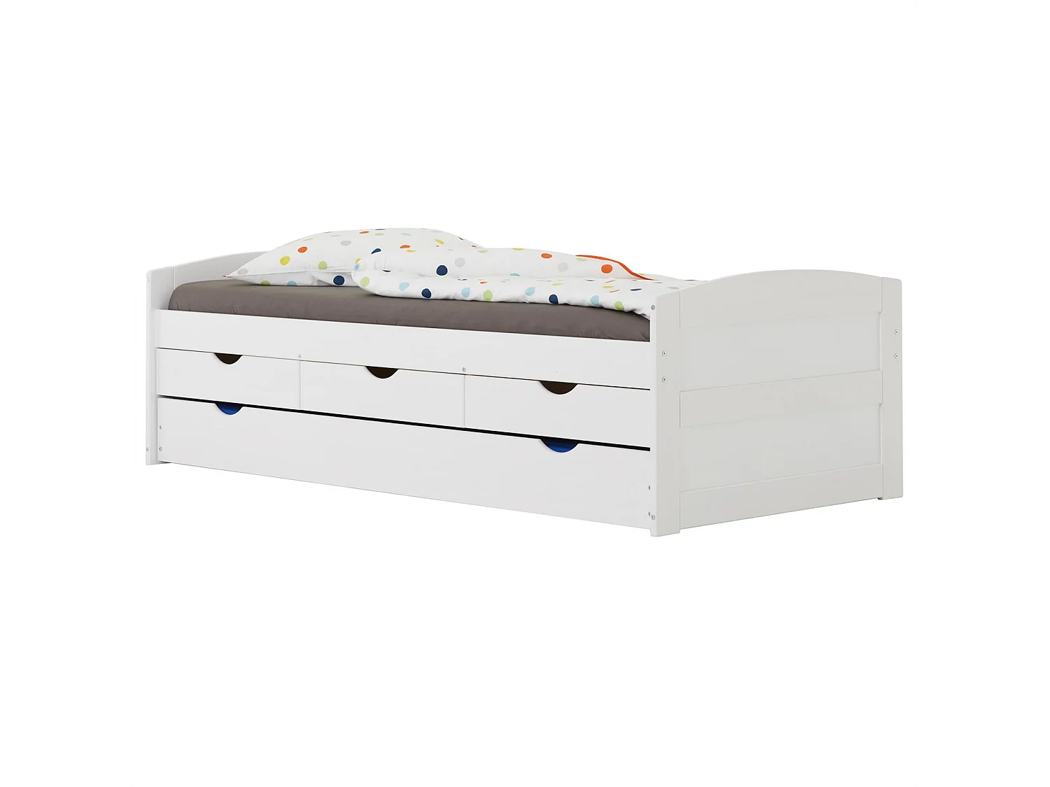 Lit gigogne JESSY lit enfant fonctionnel avec tiroir-lit et rangements 3 tiroirs, couchage 90 x 200 cm, en pin massif lasuré blanc