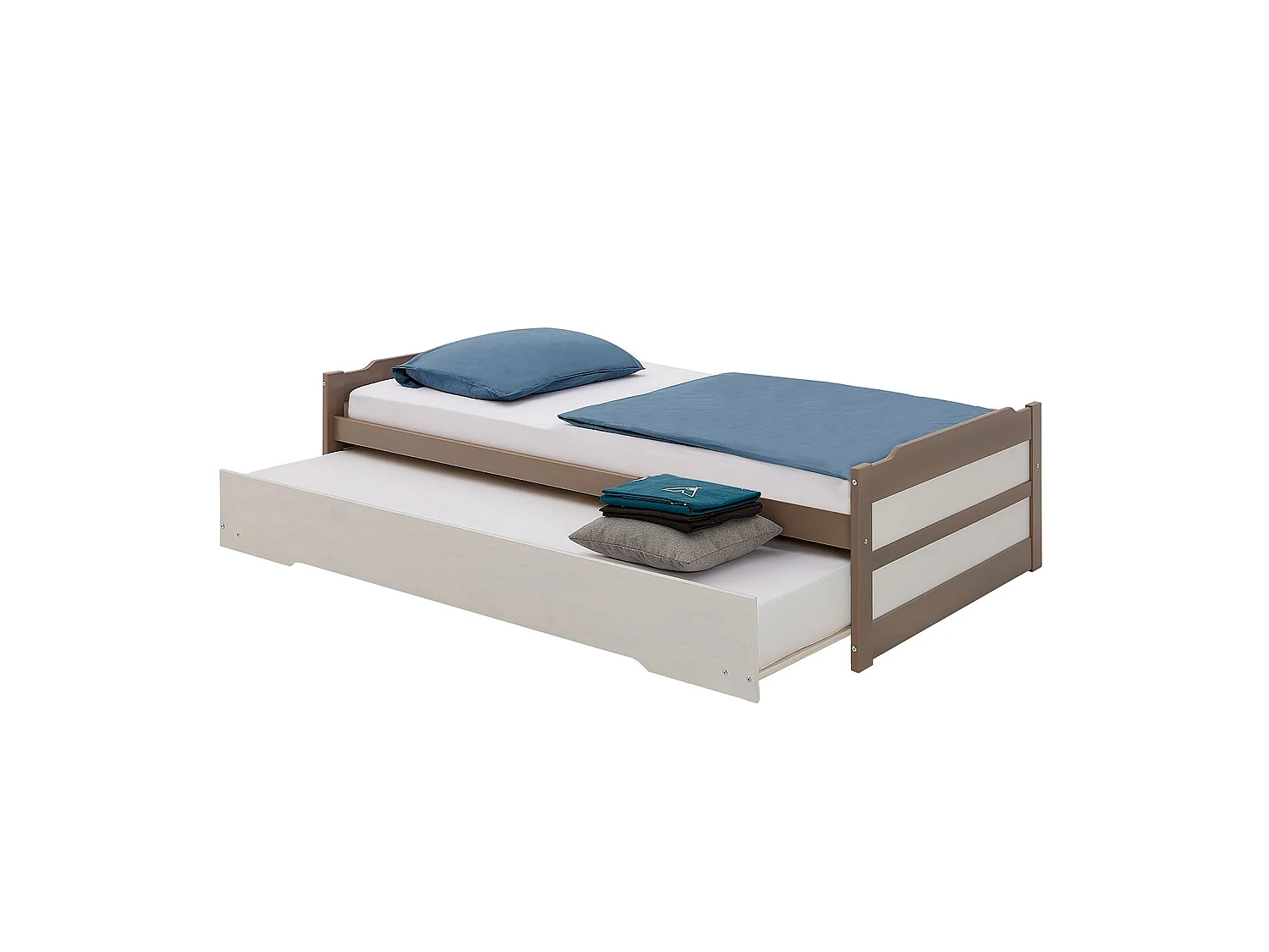 Lit gigogne LORENA 1 personne tiroir lit fonctionnel 90 x 190 cm pin massif lasuré taupe et blanc