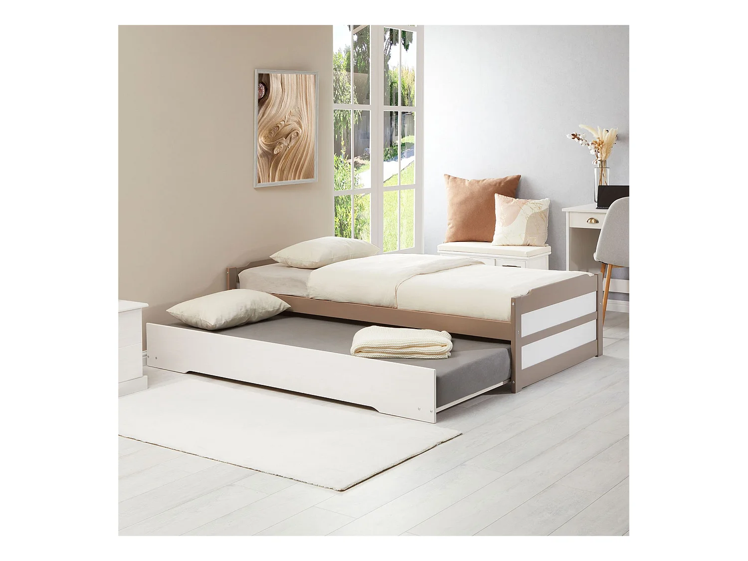 Lit gigogne LORENA 1 personne tiroir lit fonctionnel 90 x 190 cm pin massif lasuré taupe et blanc