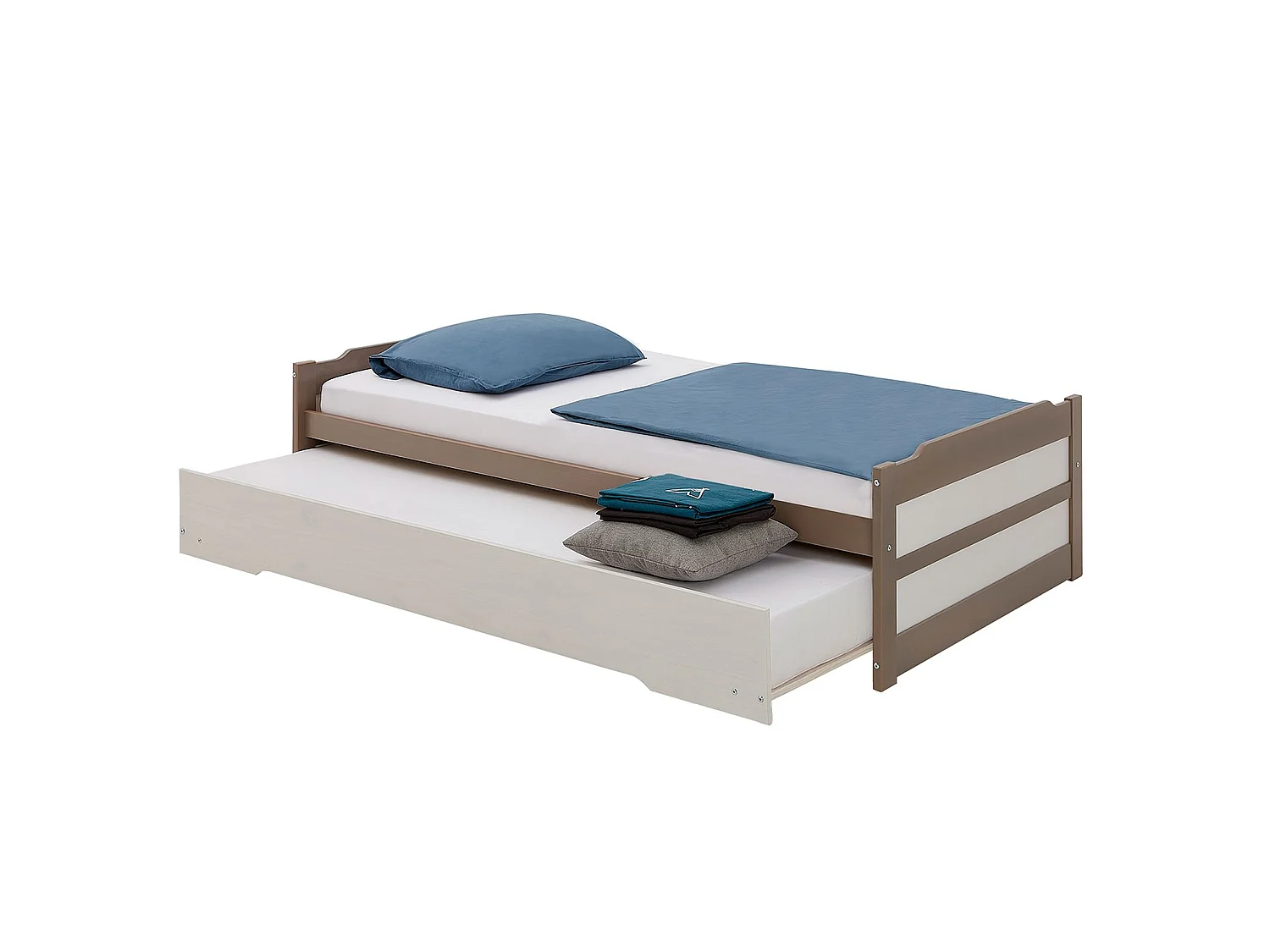 Lit gigogne LORENA 1 personne tiroir lit fonctionnel 90 x 190 cm pin massif lasuré taupe et blanc