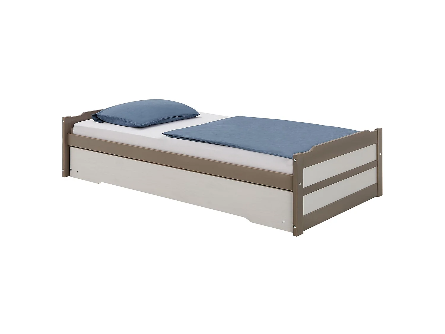 Lit gigogne LORENA 1 personne tiroir lit fonctionnel 90 x 190 cm pin massif lasuré taupe et blanc