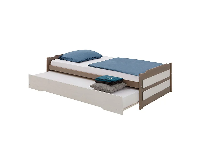 Lit gigogne LORENA 1 personne tiroir lit fonctionnel 90 x 190 cm pin massif lasuré taupe et blanc